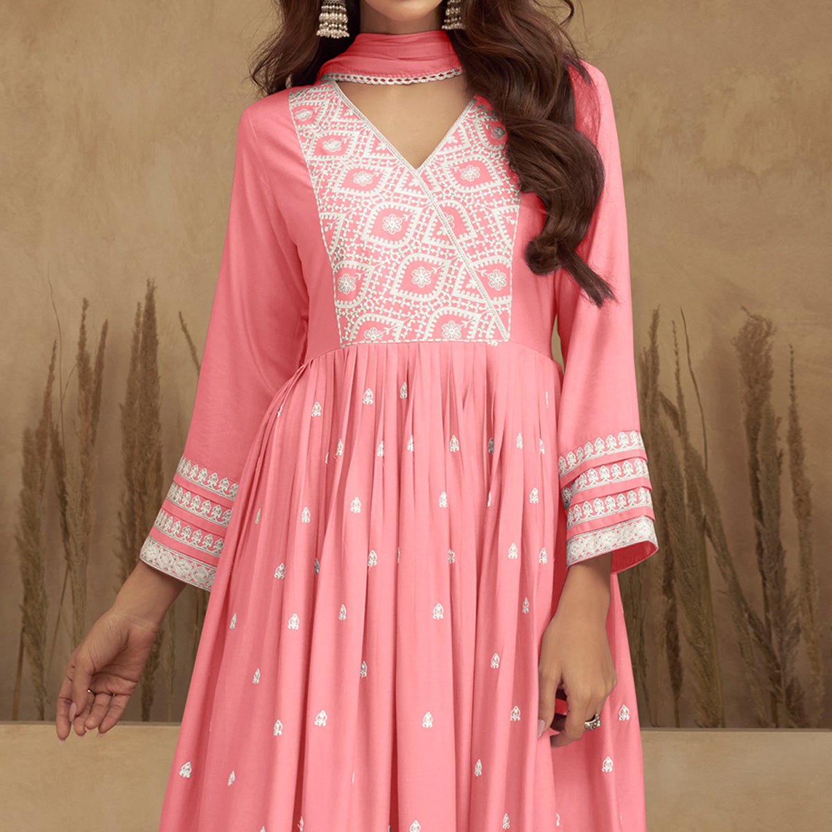 Peachmode Light Pink Lucknowi Embroidered Rayon Naira Cut Suit - view 3