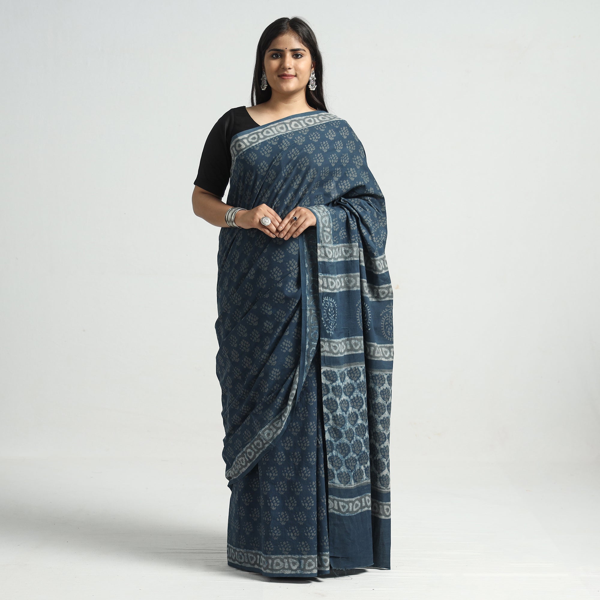HAVELI CHRONICLES Blue - Akola Hand Block Printed Cotton Saree