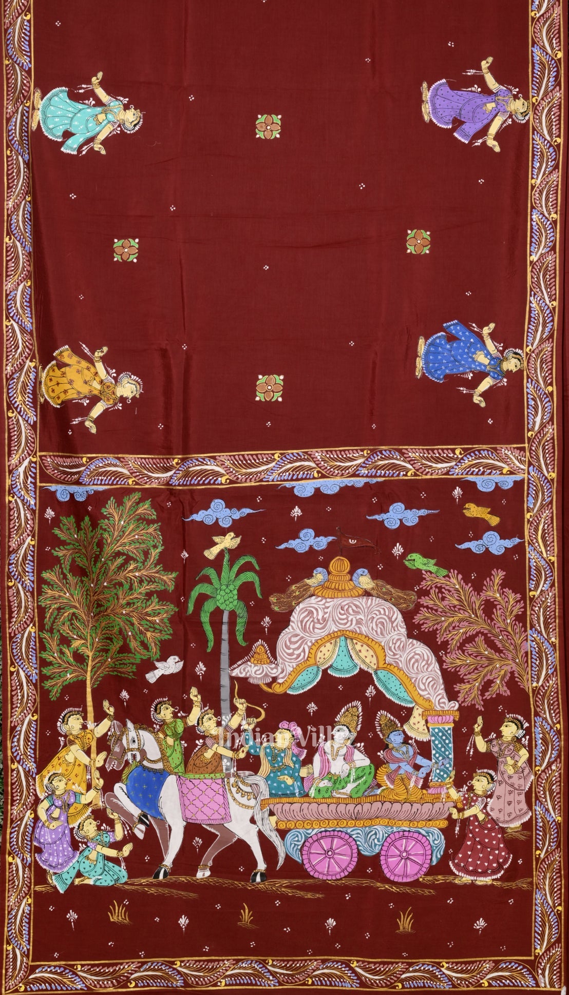 IndianVillèz Red Mathura Vijay Theme Hand-Painted Pattachitra Saree