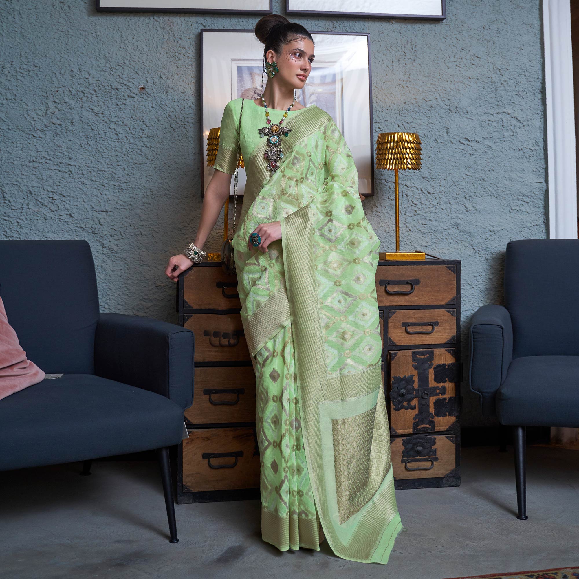 Peachmode Mint Green Woven Art Silk Saree – Women's