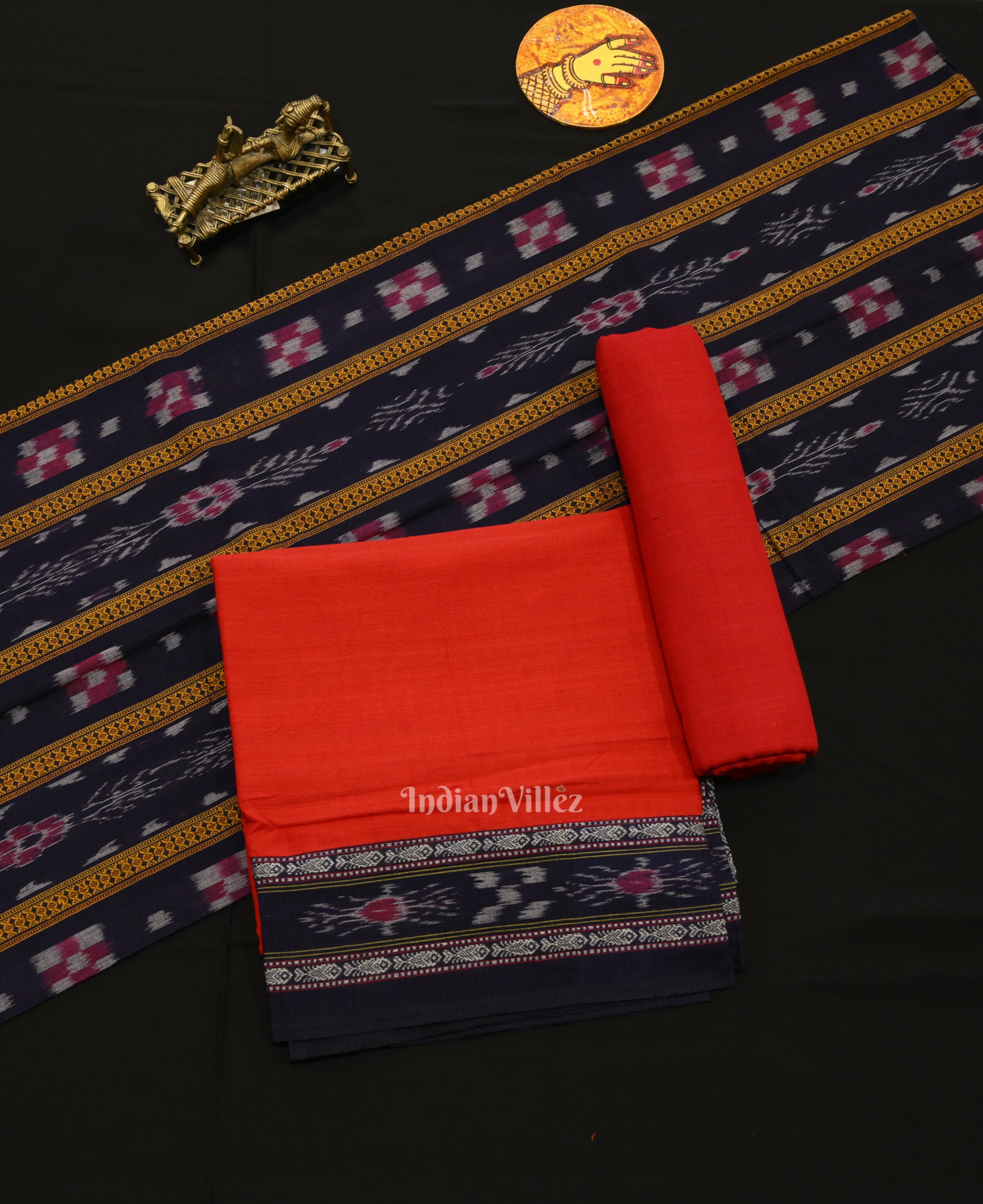 IndianVillèz Navy Blue Red Pure Cotton Sambalpuri Dress Material & Dupatta