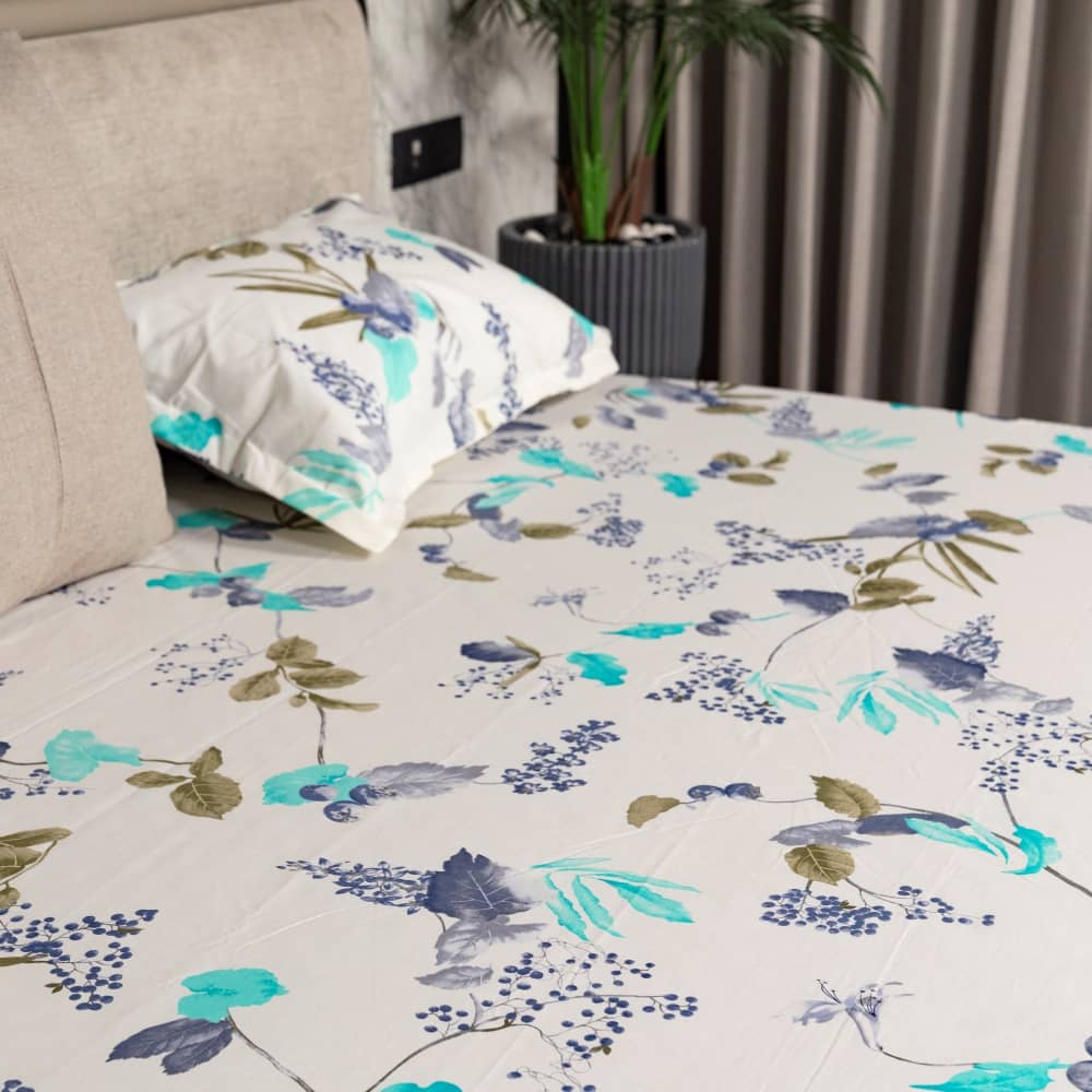 Urban Space -Home Furnishing Store Regal Collection - Breathable 200 TC 100% Pure Cotton Bedsheet with Pillow Cover, Cherry Blossom- Blue