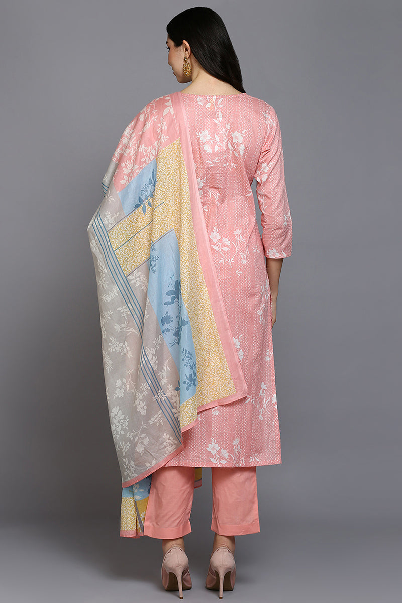 Ahika Peach Cotton Blend Ethnic Motifs Straight Suit Set VKSKD1879 - view 4