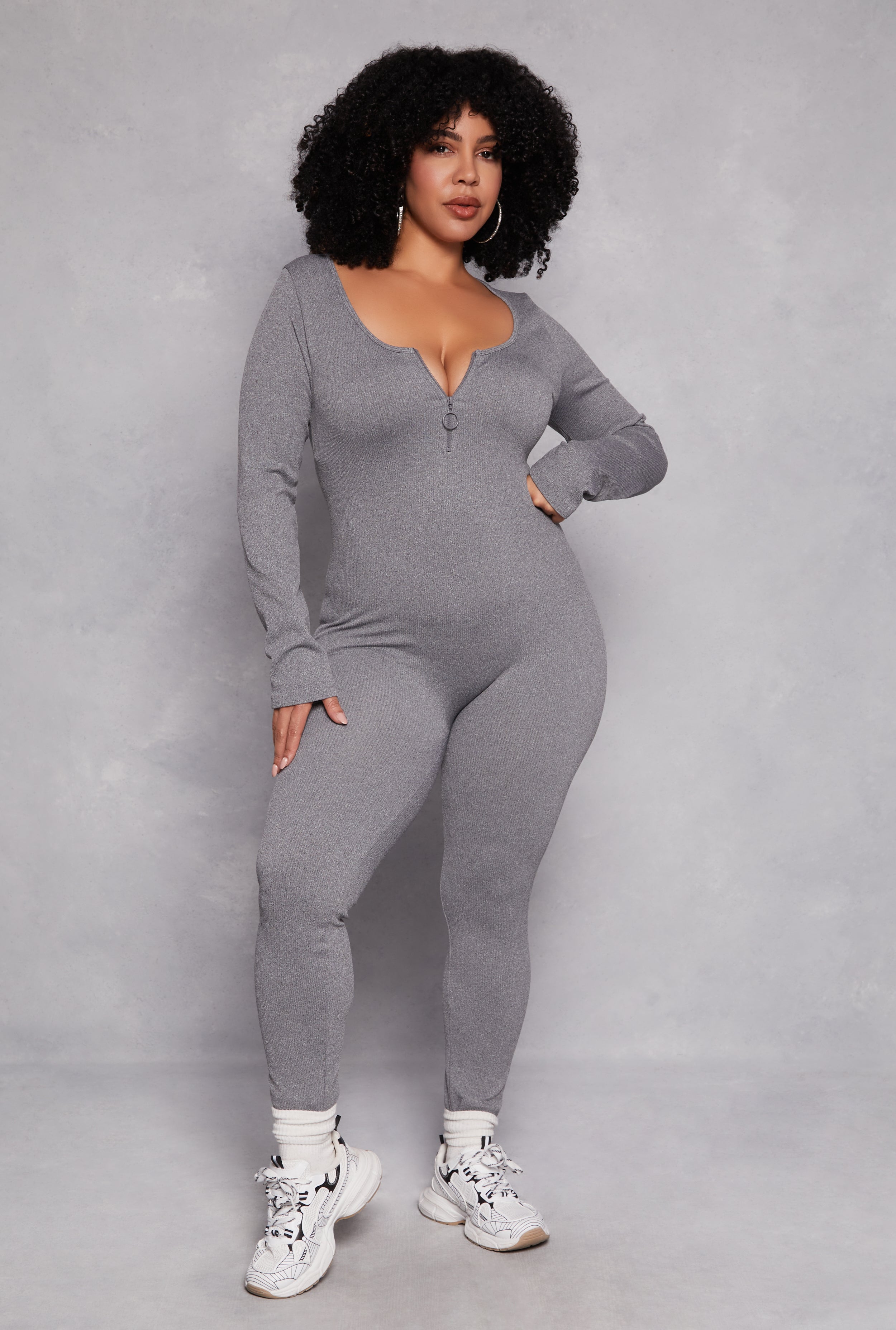 Rainbow Shops Plus Size Long Sleeve Half Zip Catsuit