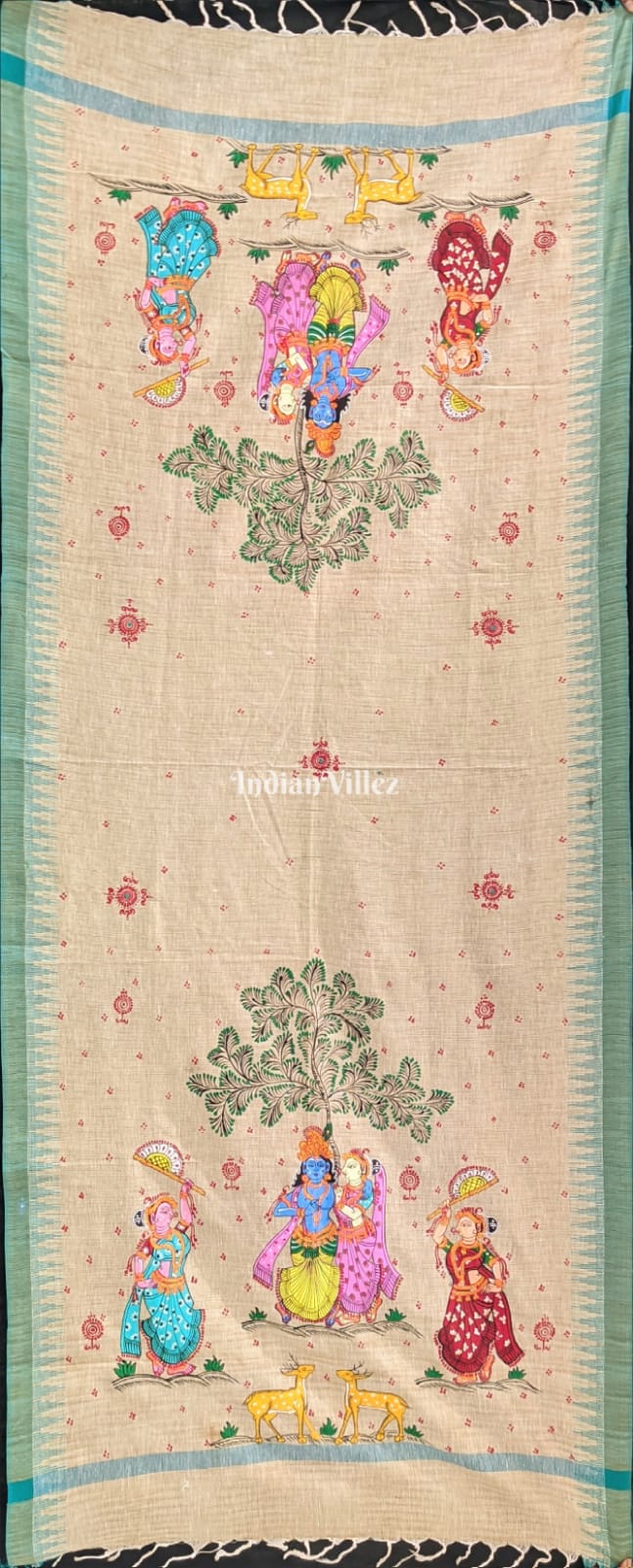 IndianVillèz Radha Krishna Pattachitra Art on Tussar Dupatta