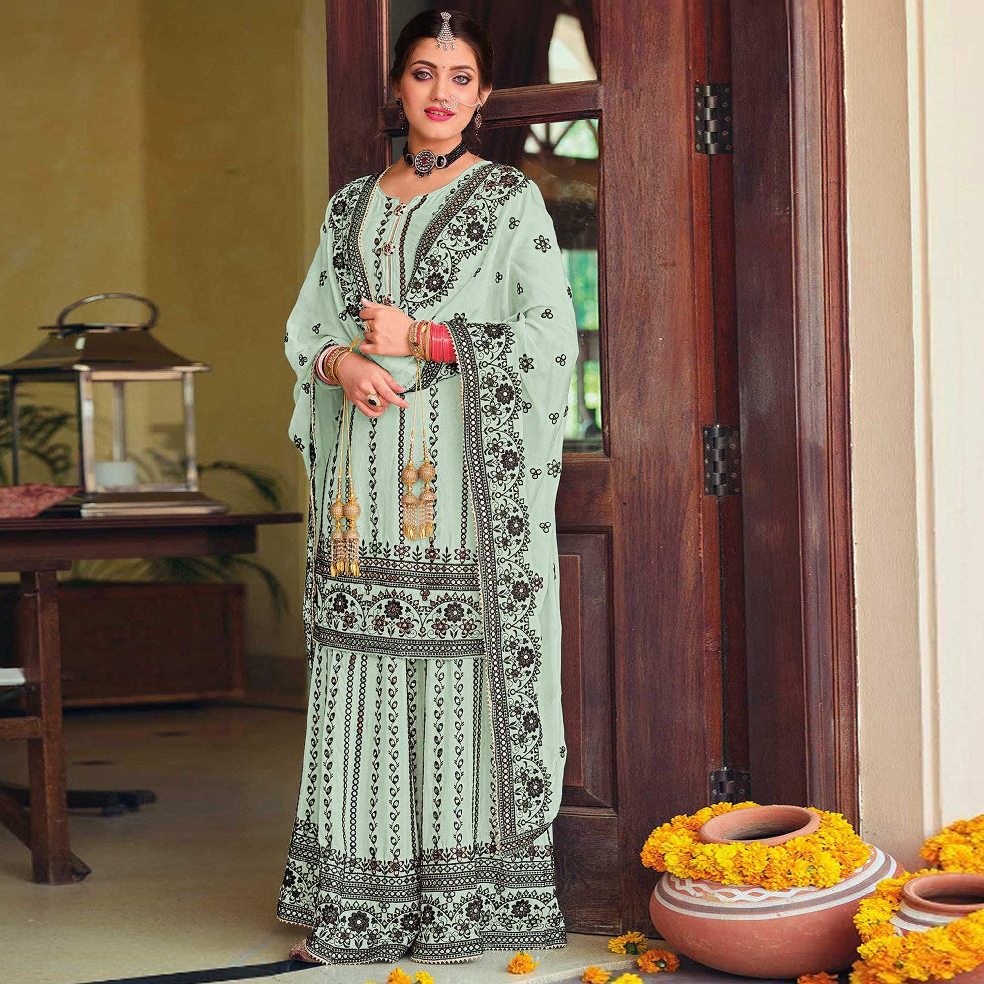 Peachmode Light Cyan Green Partywear Designer Floral Embroidered Georgette Palazzo Suit