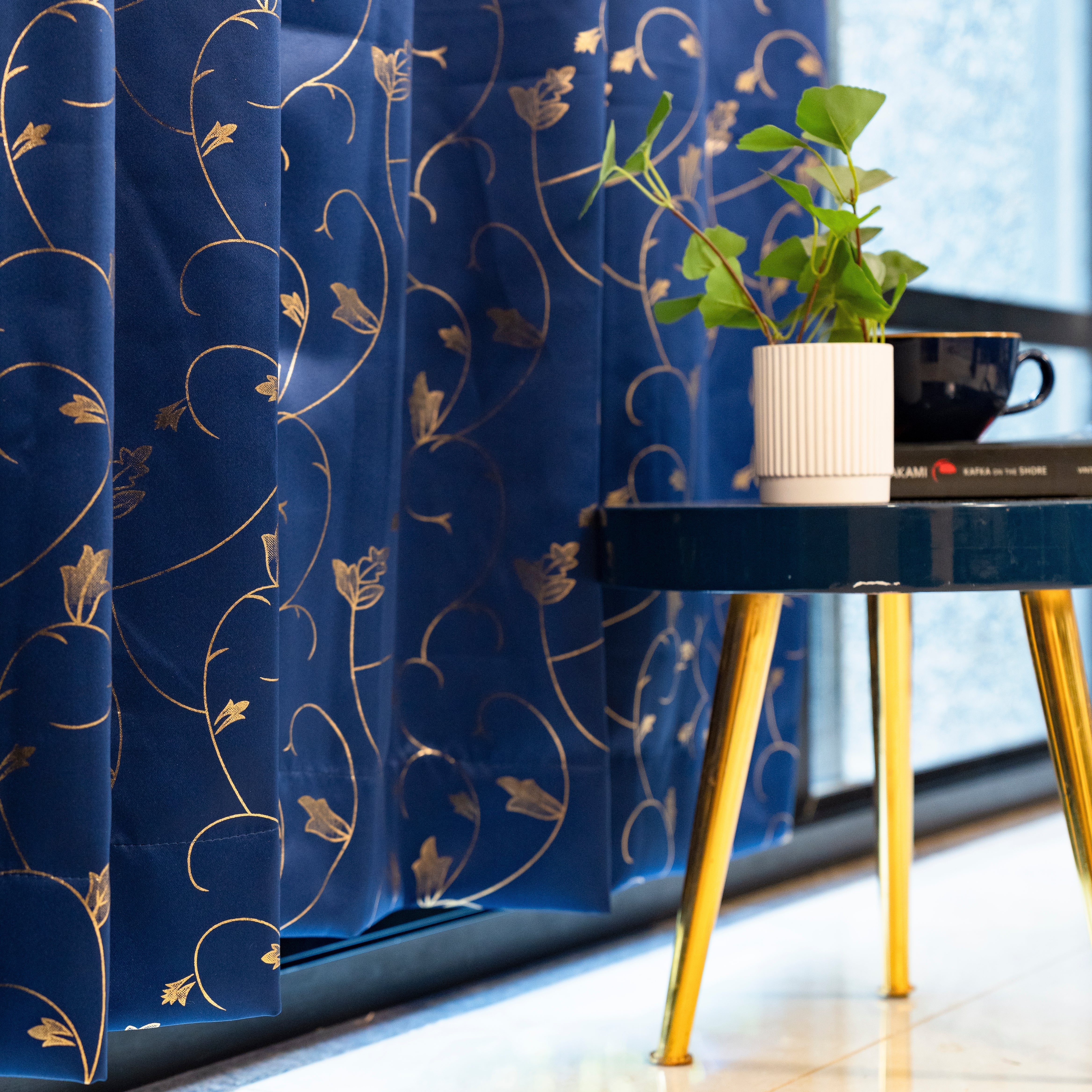 Urban Space -Home Furnishing Store Gold Foil Printed 80-85% Blackout Curtains - Pack of 1 Curtain - Vine- Navy Blue