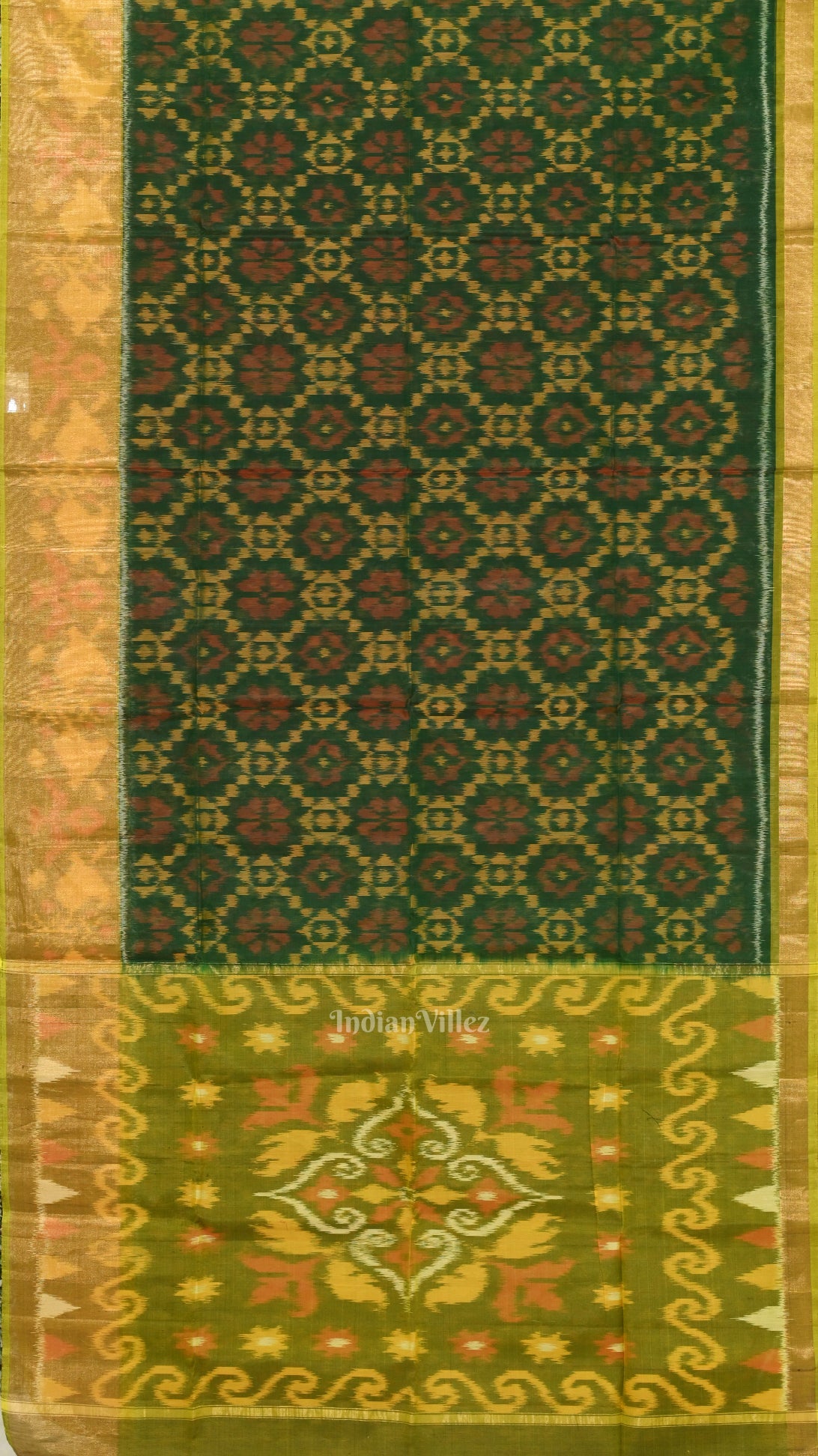 Silk cotton saree – IndianVillèz Green Pochampally Ikat Sico (Silk & Cotton) Saree with Zari Border