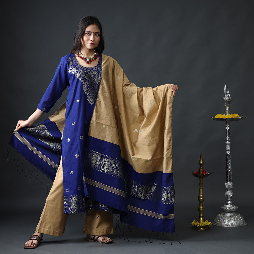ITOKRI CASUALS Blue & Beige Phulia Jamdani Silk Kurta with Palazzo & Dupatta Set