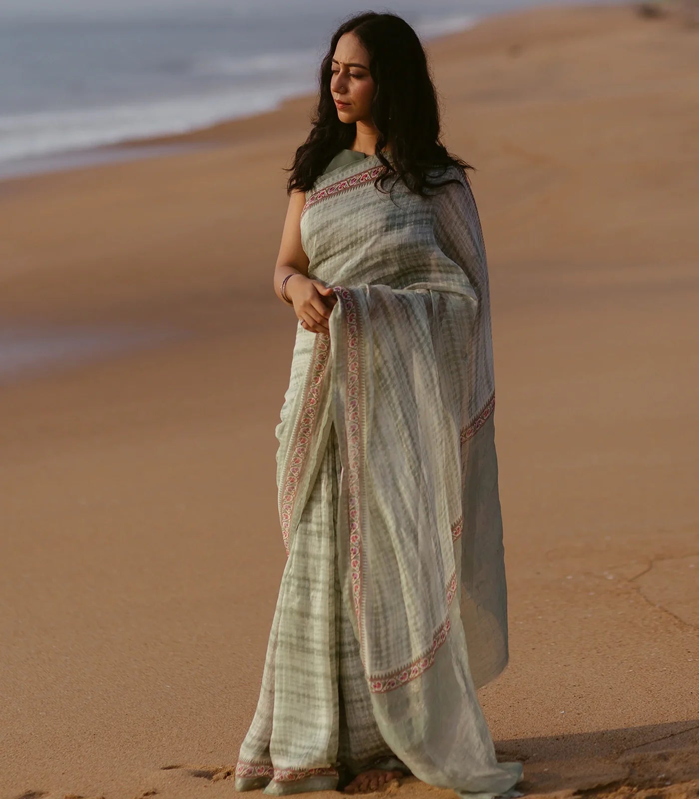 RmKV Shadow Green Handloom Linen Saree With Printed Floral Motifs-Shadow Green