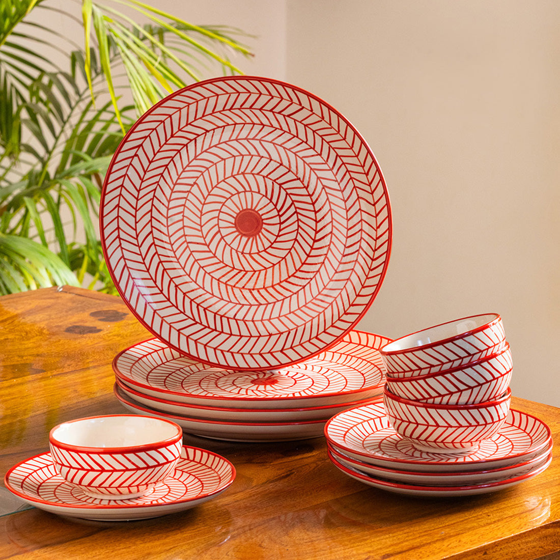 EXCLUSIVELANE 'Red Chevrons' Handpainted Ceramic Dinner Plates, Side/Quarter Plates & Dinner Katoris (12 Pieces, Serving for 4, Microwave Safe)