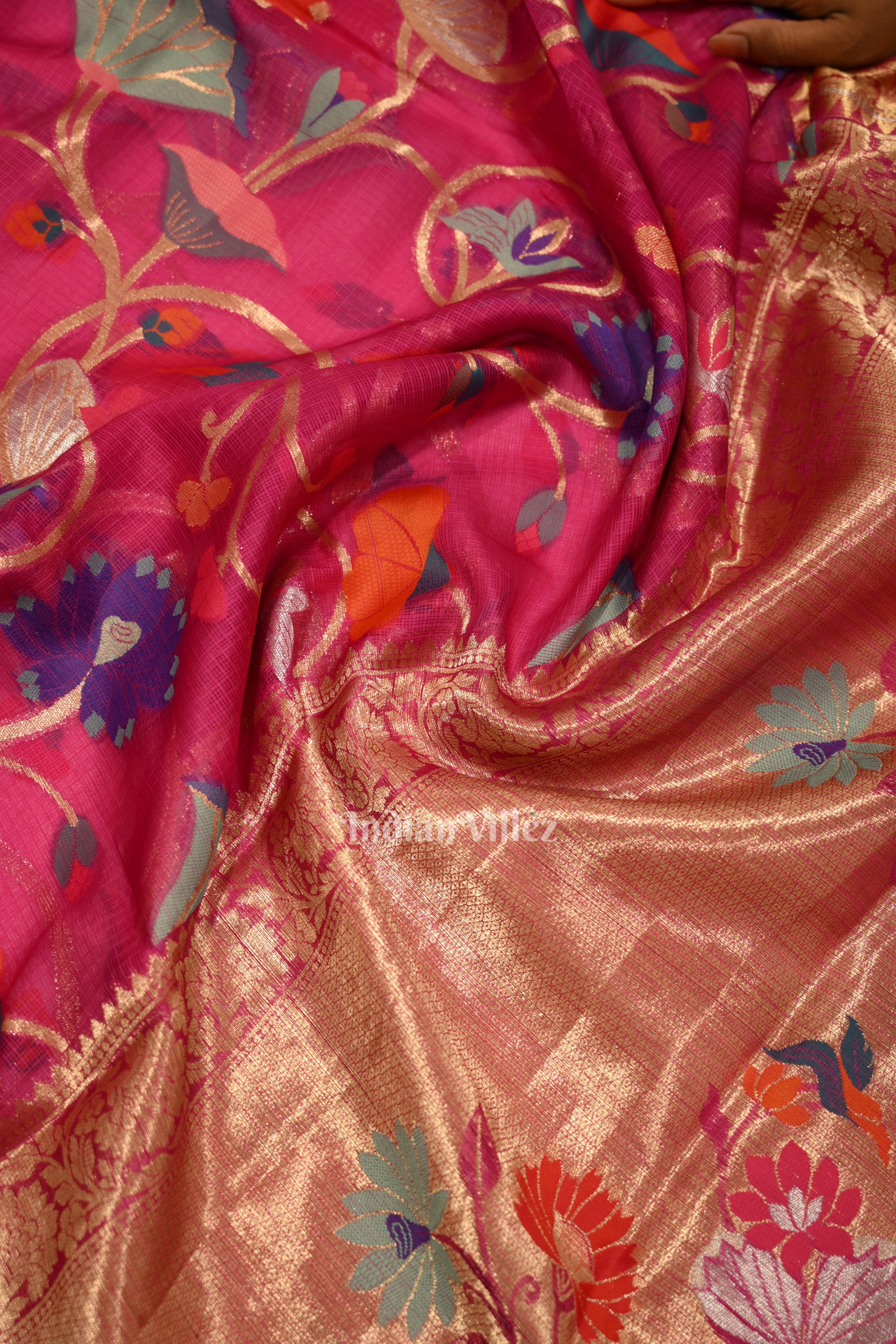 IndianVillèz Rani Pink Jamdani Banarasi Kota Silk Saree - view 2