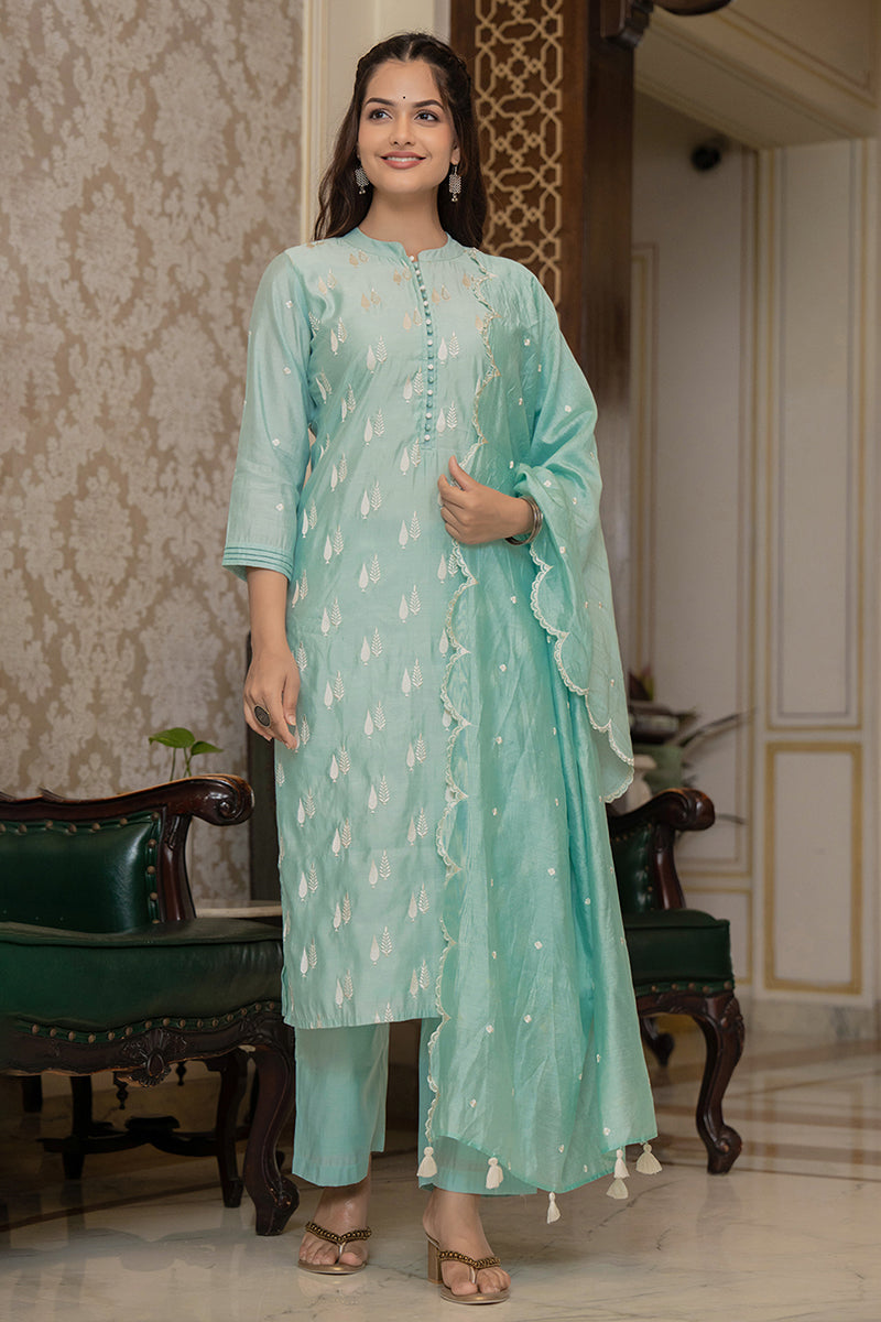 Ahika Sea Green Silk Blend Solid Embroidered Straight Suit Set With Trouser Bottom PKSKD2686 - view 7