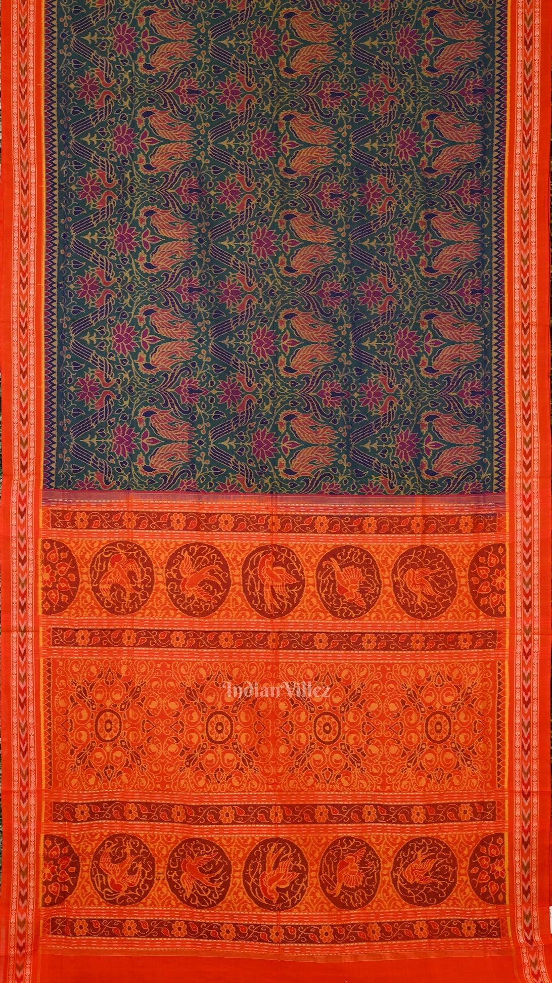 IndianVillèz Green Lotus & Peacock Theme Sambalpuri Cotton Saree