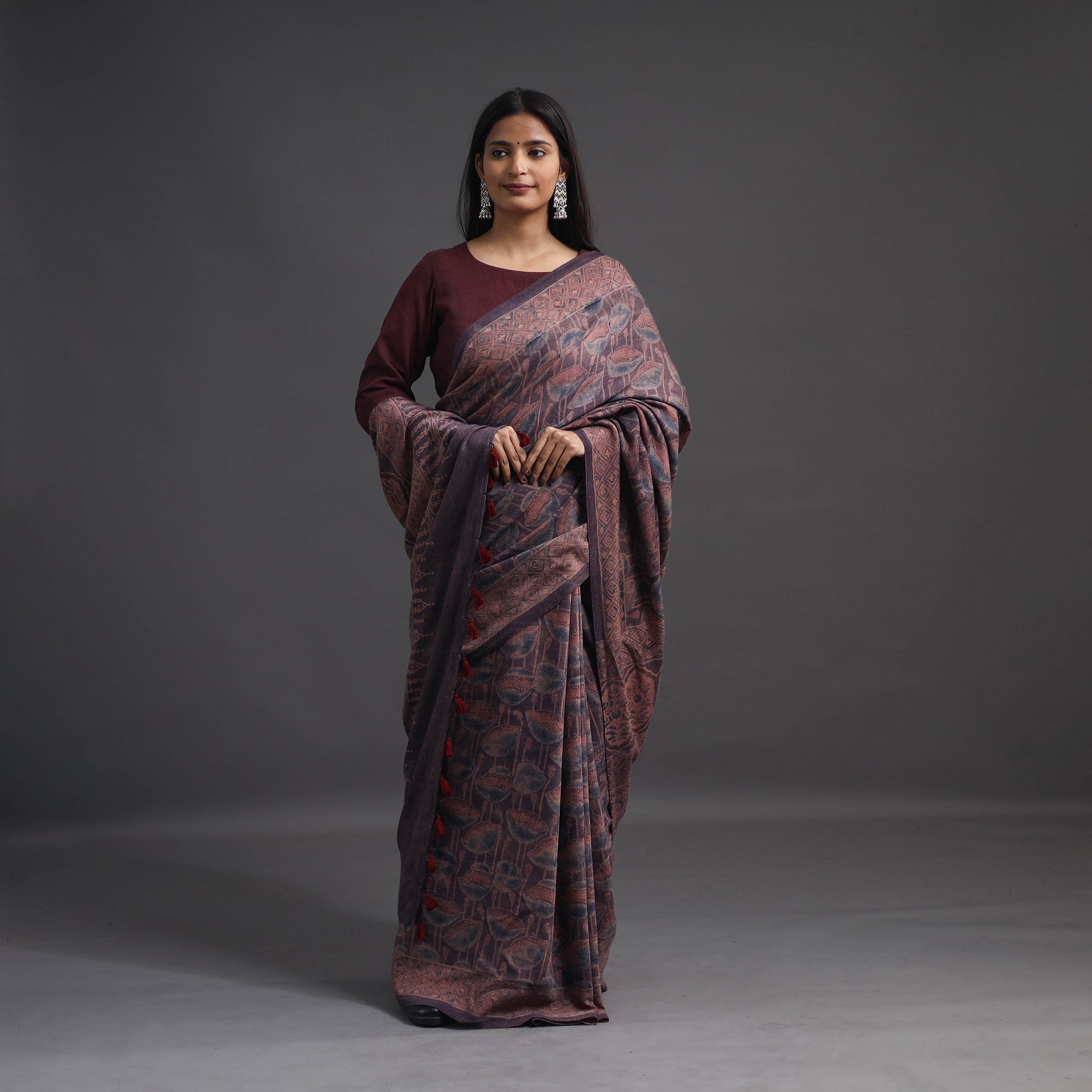 AJRAKH BY JABBAR KHATRI Brown - Merino Wool Block Print Ajrakh Saree with Tassels 06