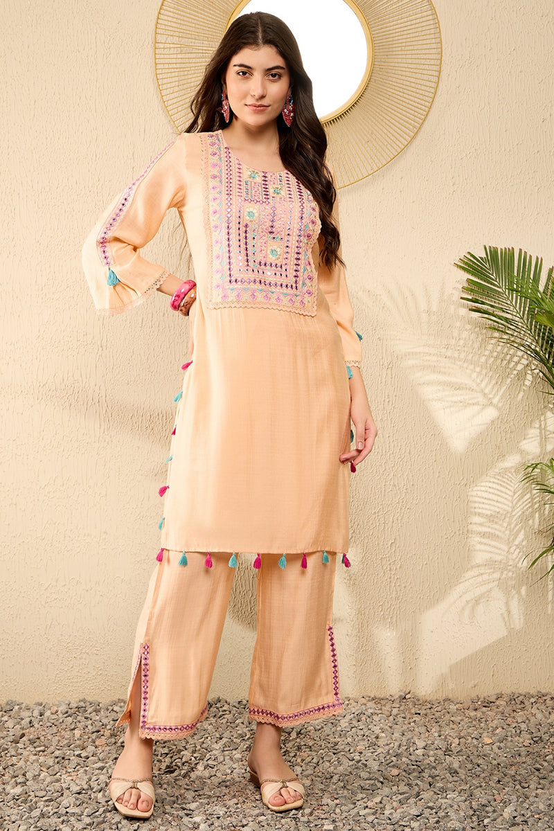 Ahika Peach Viscose Rayon Solid Embroidered Straight Trouser Kurta Set VKSET1525