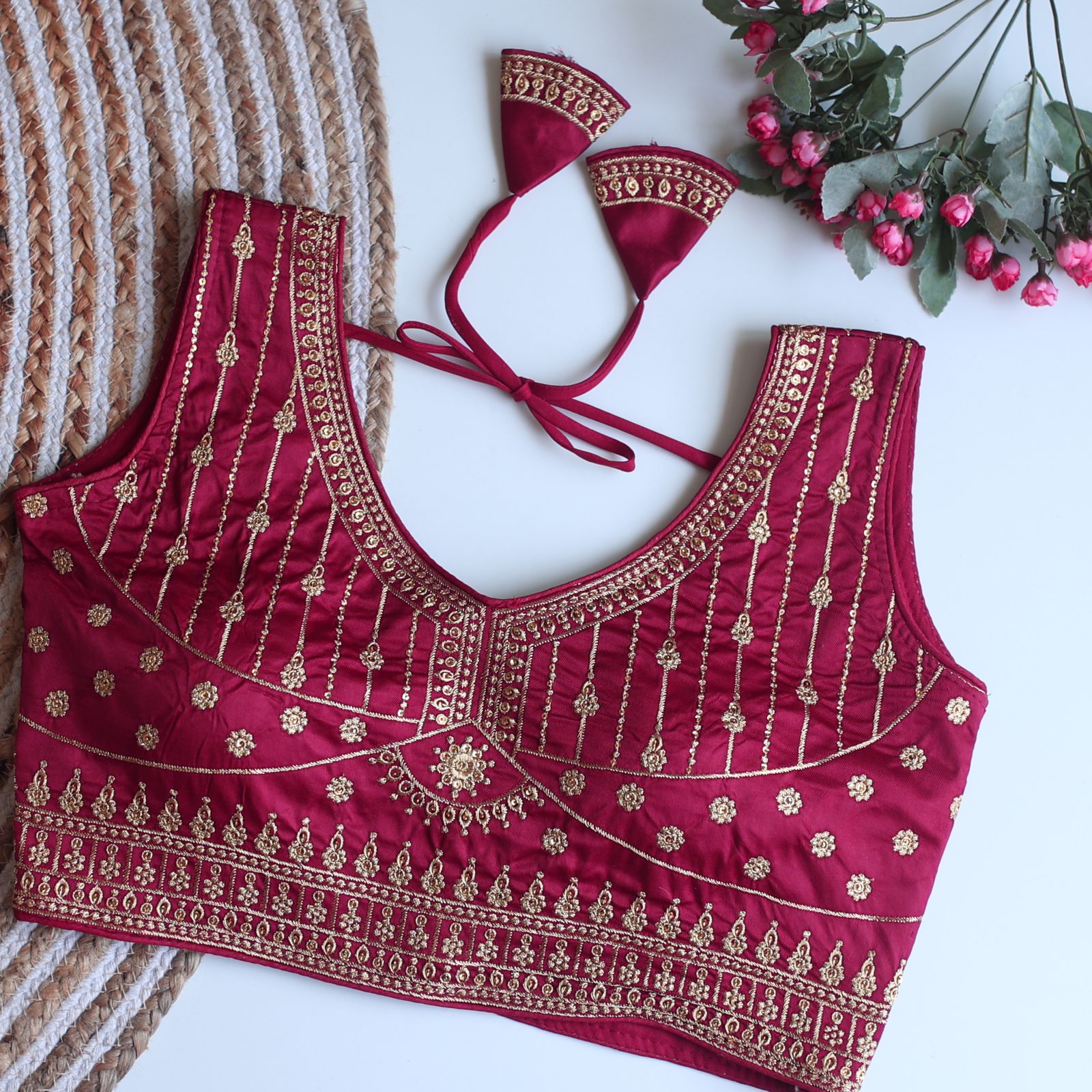 ClothsVilla Wine Full Embroidery Monsoon Silk Blouse with Golden Sequin Design