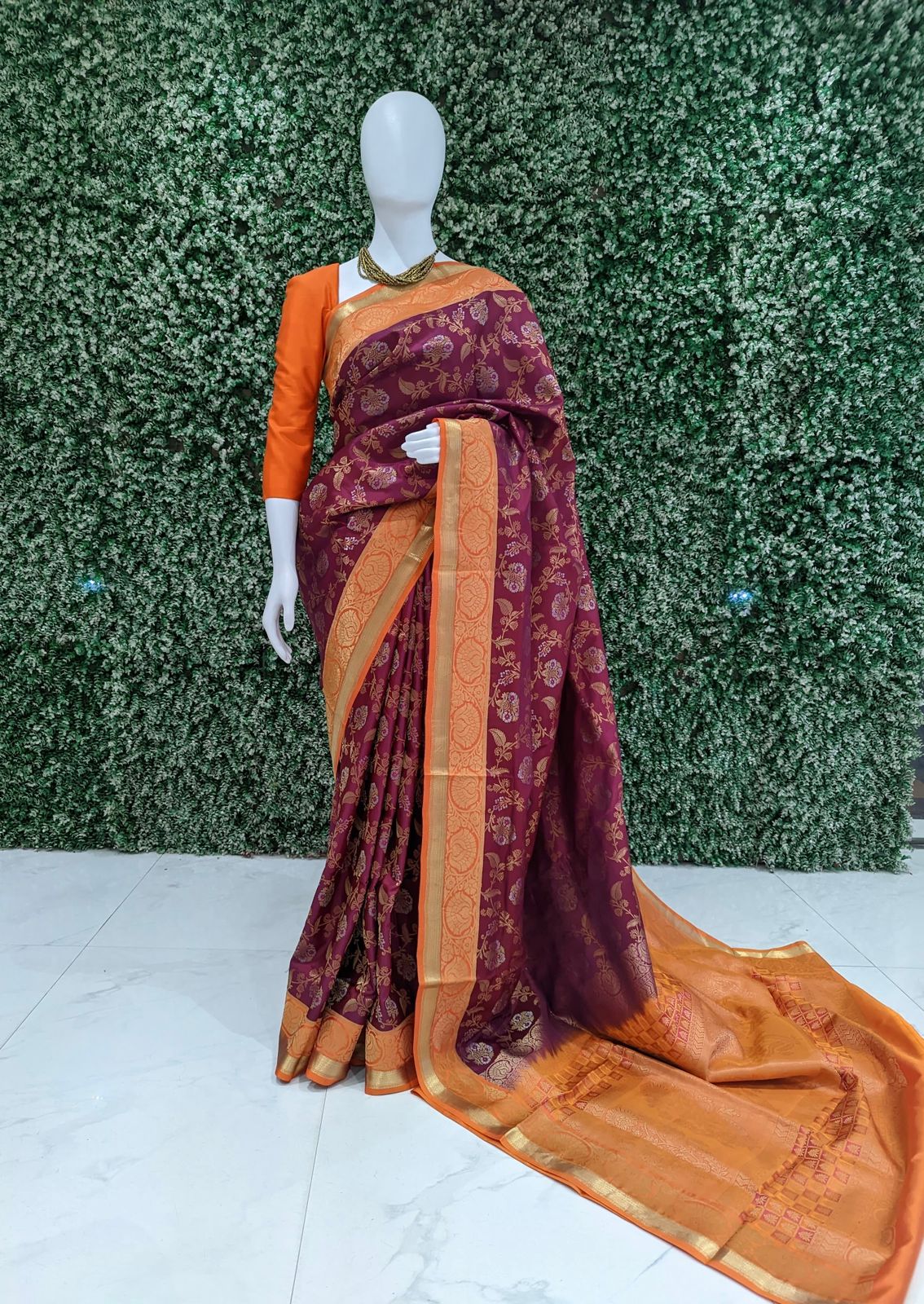 IndianVillèz Maroon Orange Pure Kanjivaram Soft Silk Saree