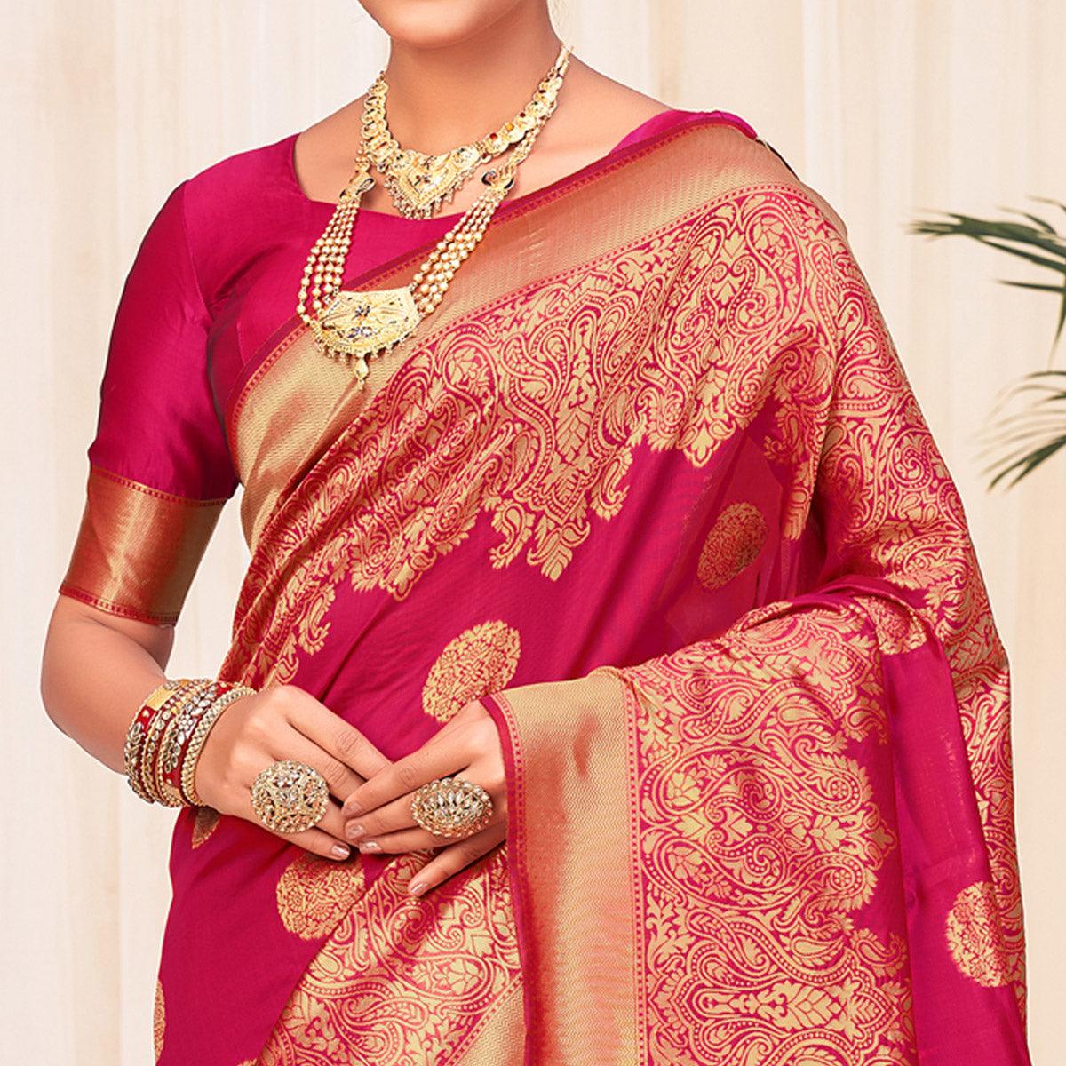 Peachmode Dark Pink Festive Wear Woven Banarasi Silk Saree - view 4