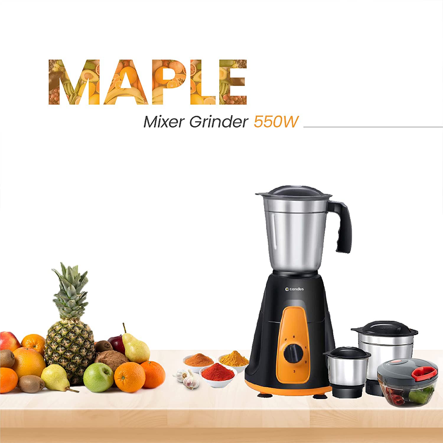 Candes MG154 Maple 550-Watt Mixer Grinder with 3 Jars (Powerful Motor and 2 Year Warranty Orange/Black) + Quick Hand Vegetables & Fruit Chopper Black, - view 2