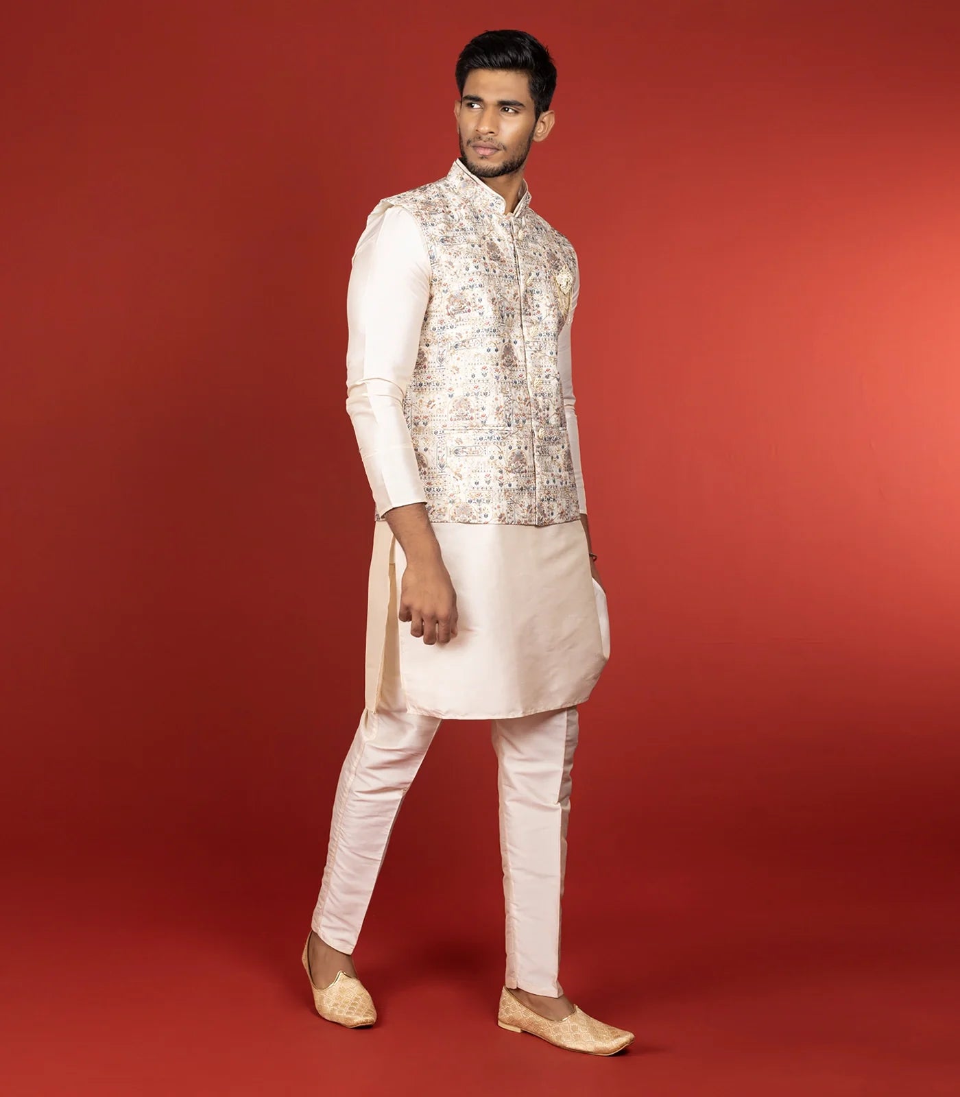 RmKV Cream Three Piece Kurta Set With Straight Fit Pants And Nehru Jacket-Cream - view 2