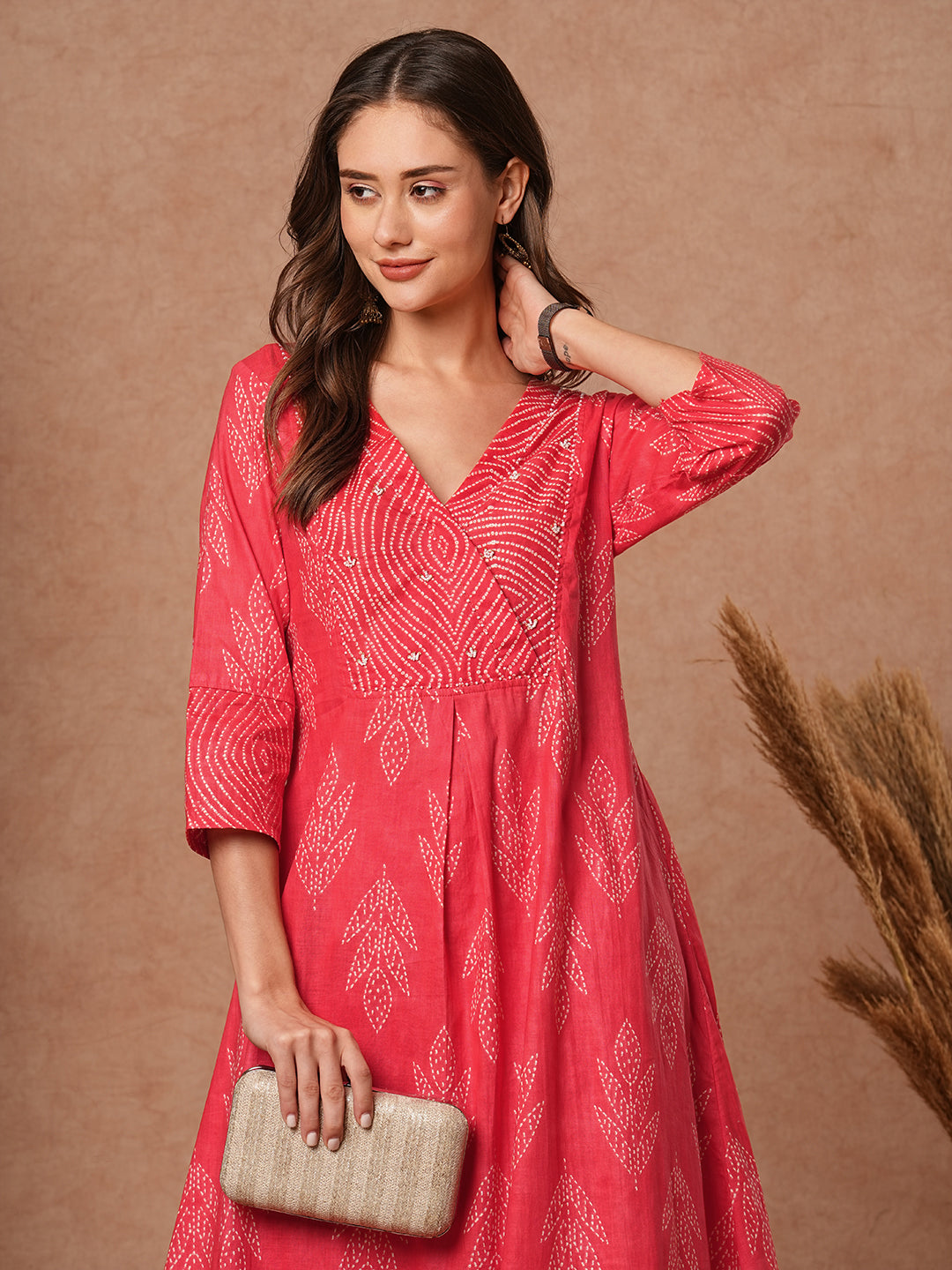 Fashor Ethnic Printed & Bead Embroidered A-Line Kurta with Pant - Peach - view 2