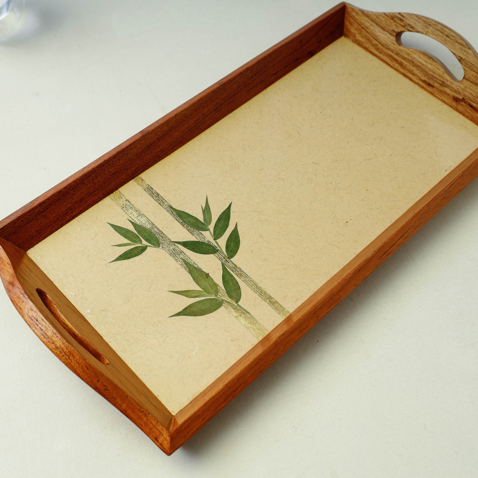 SHRADHANJALI - AN AUROVILLE UNIT Beige - Bamboo Art Work Wooden Tray with Handles (16 x 8 x 1 in) - view 2