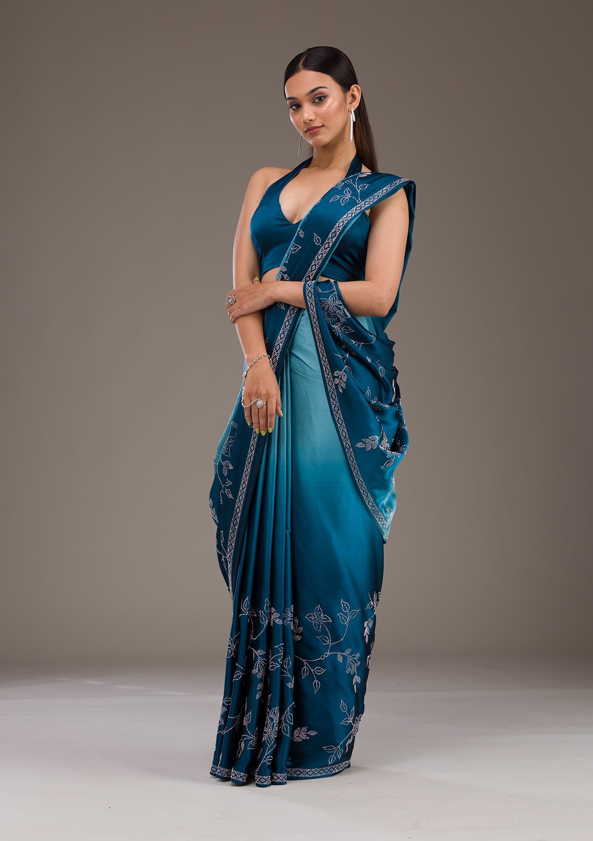 Koskii Turquoise Blue Stonework Satin Saree – Women's