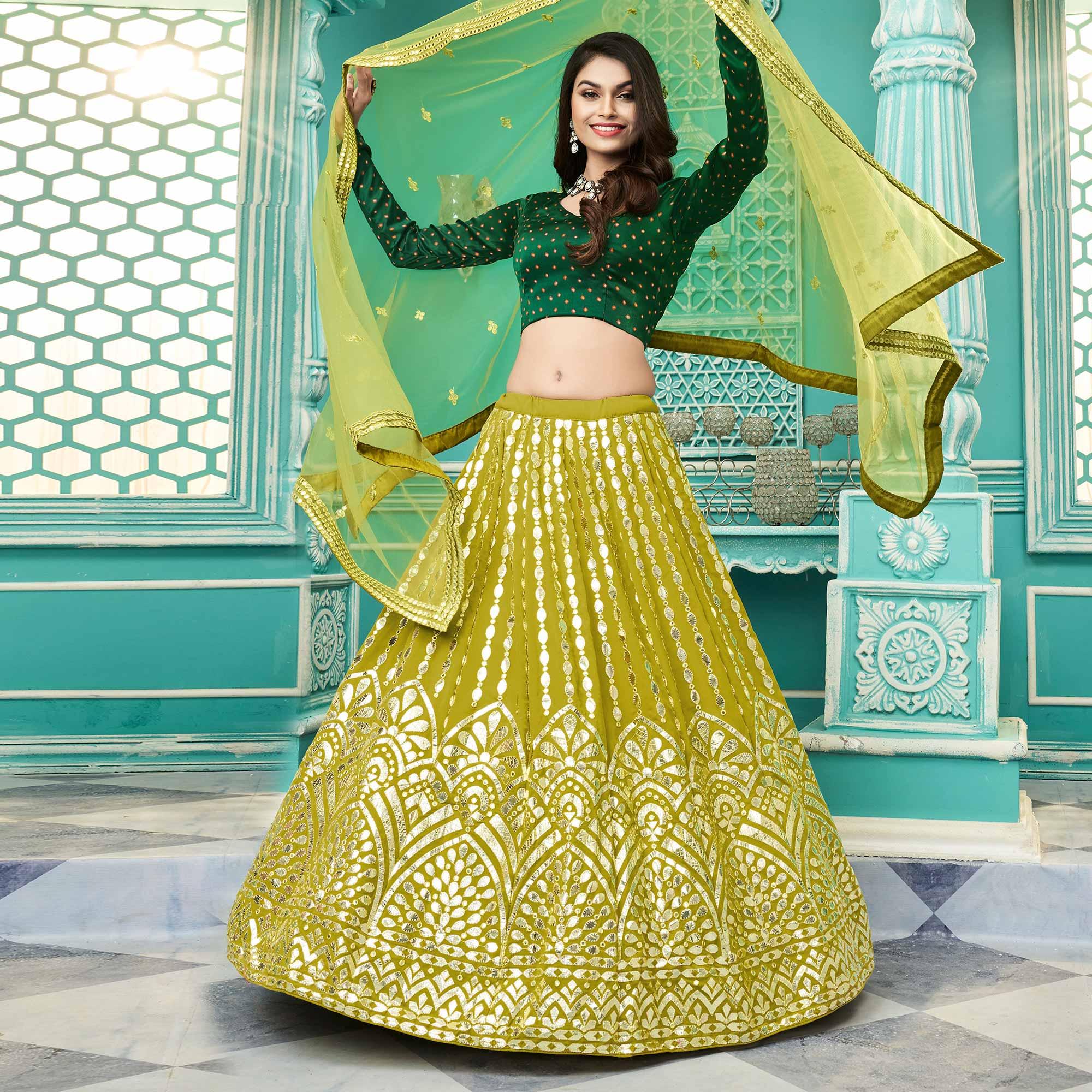Peachmode Floracance Green Partywear Sequins Embroidered Georgette Lehenga Choli