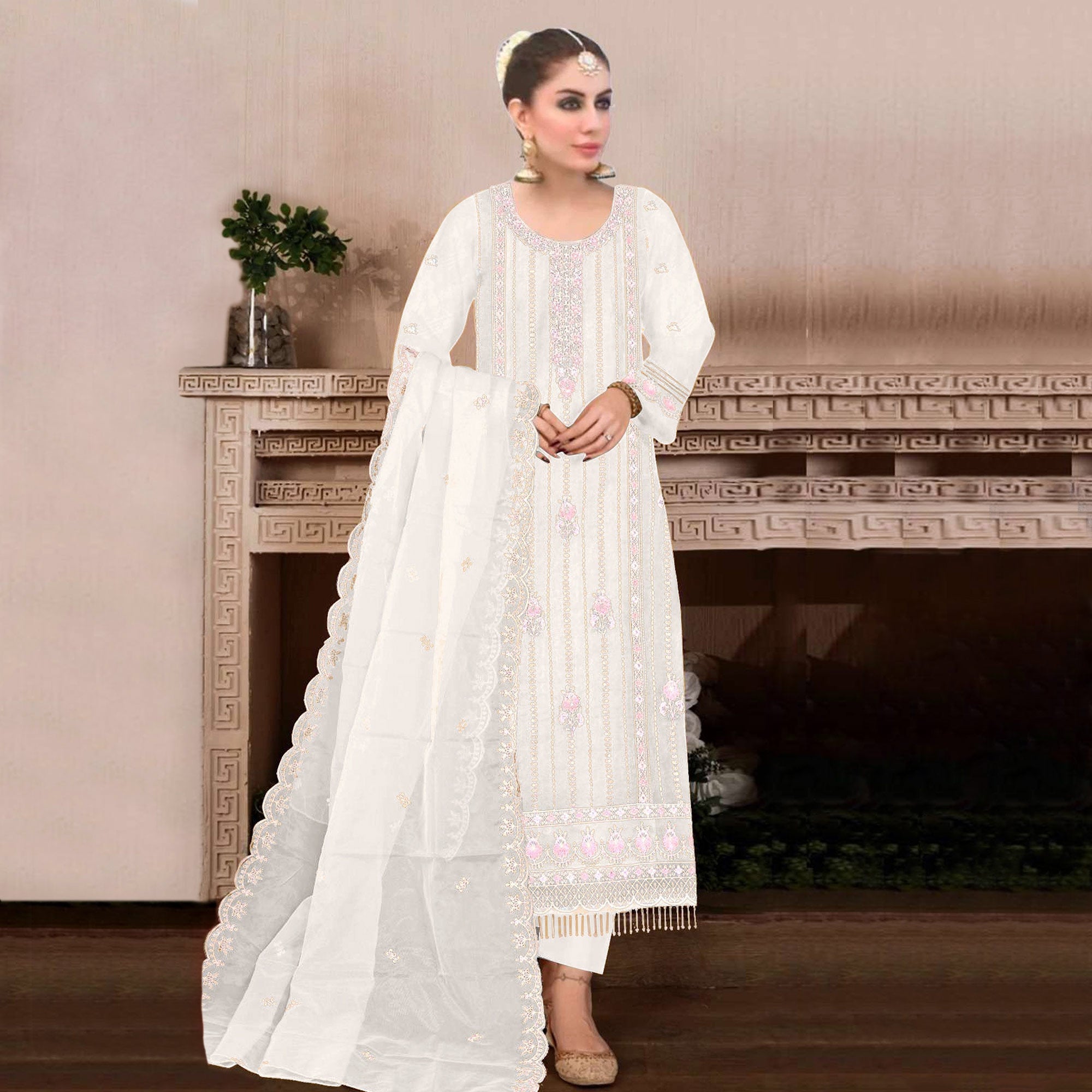 Peachmode Cream Floral Hand Embroidered Georgette Semi Stitched Pakistani Suit - view 2