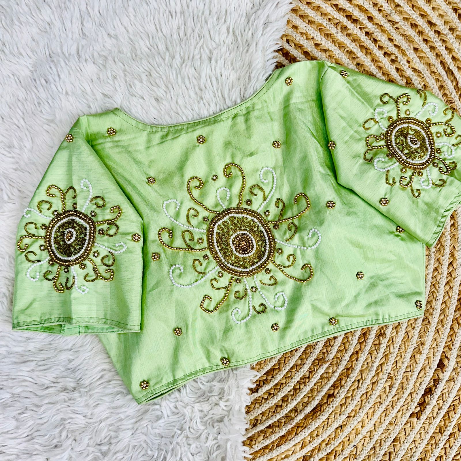 ClothsVilla Mint Green Golden Handcrafted Makhana Silk Blouse with White Pearl Accents
