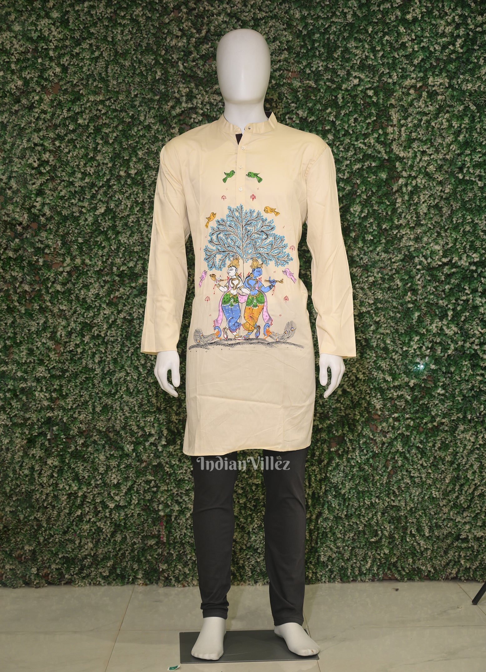 IndianVillèz White Radha Krishna Raasleela Theme Hand-Painted Pattachitra Kurta