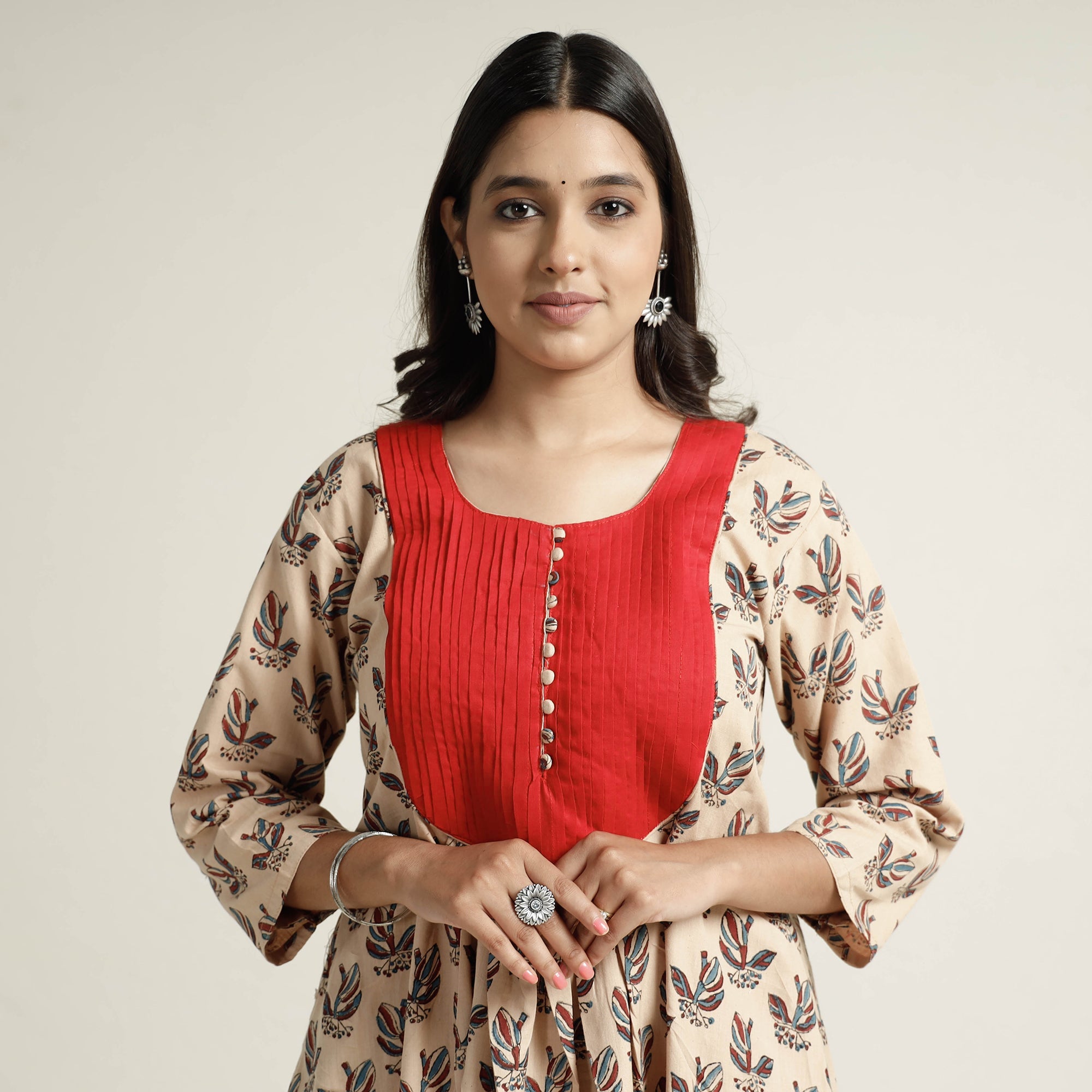 ITOKRI CASUALS Beige - Block Print Handwoven Cotton A-Line Mangalagiri Kurta 01