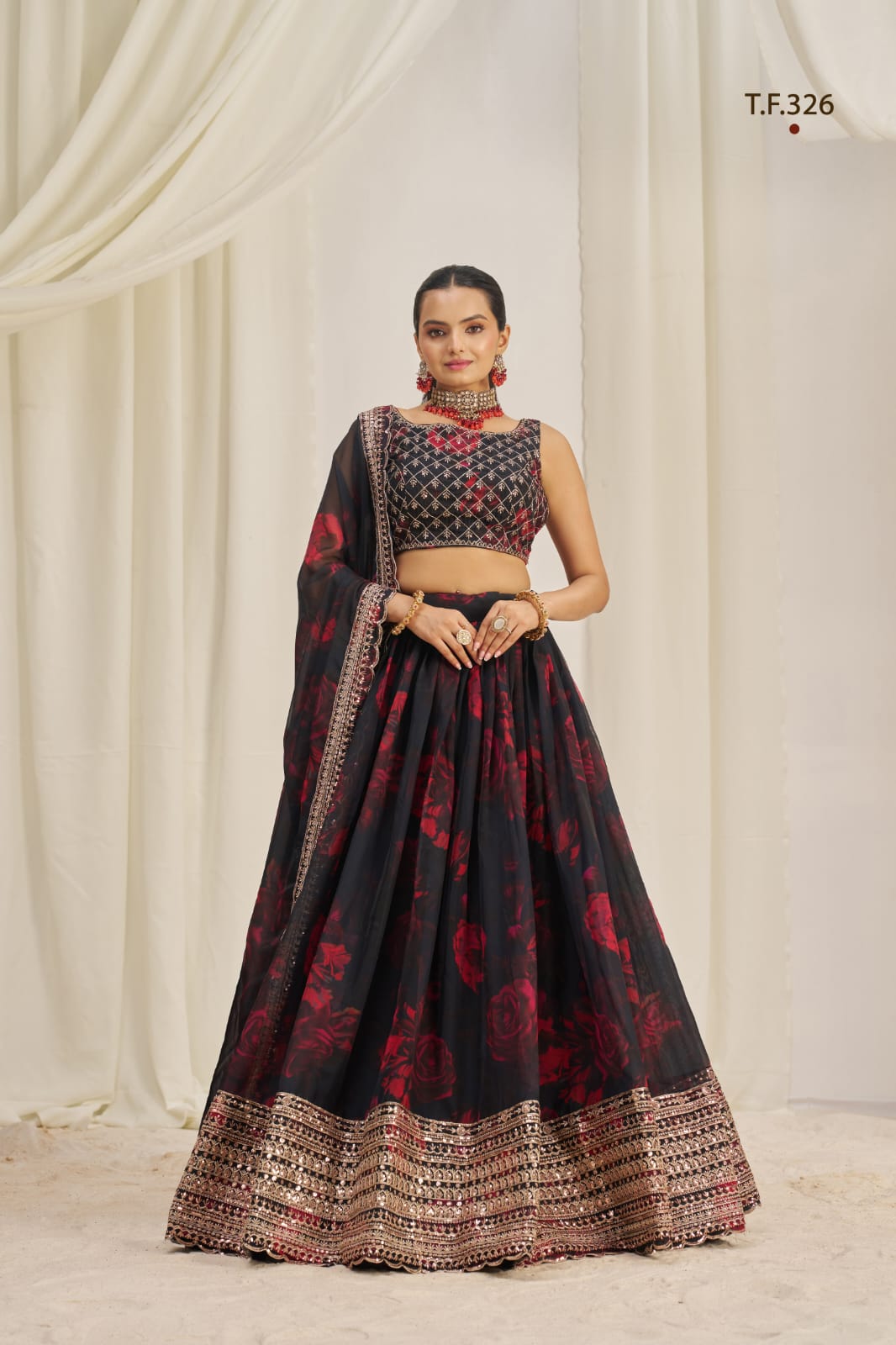 ClothsVilla Black Printed Organza Semi-Stitch Lehenga Choli with Zari, Dori, and Sequins Work
