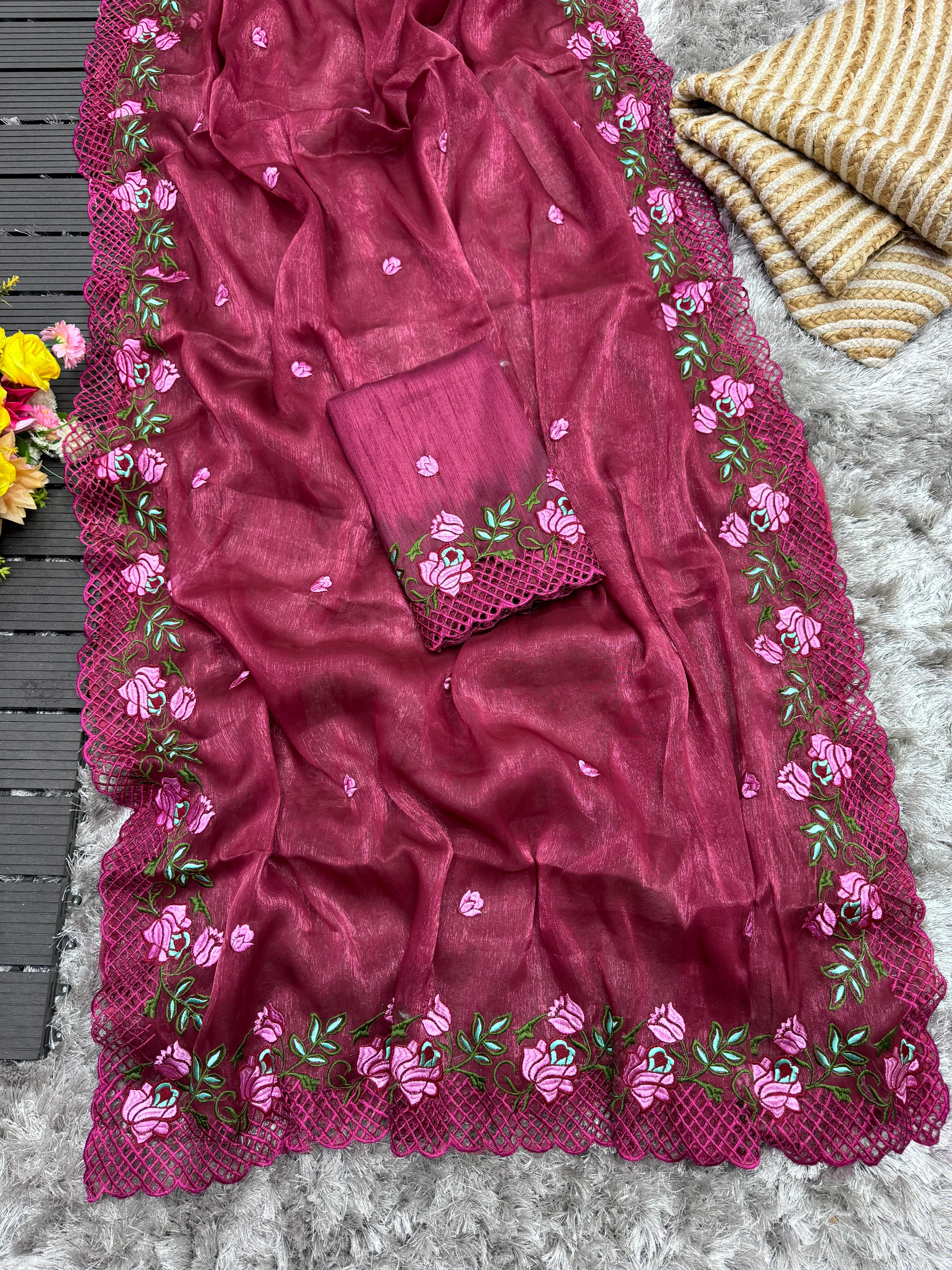 ClothsVilla Wine Crush Silk Saree with Intricate Floral Embroidery & Matching Blouse - view 5
