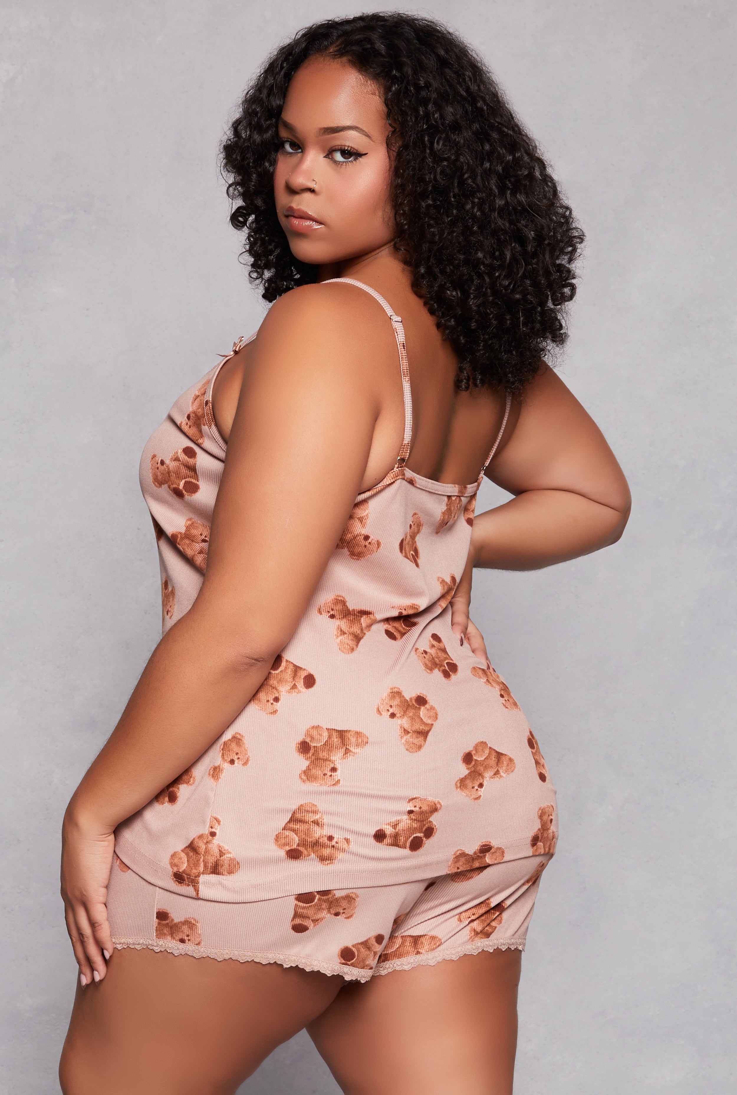 Rainbow Shops Plus Size Teddy Bear Print Pajama Cami Top and Shorts - view 2