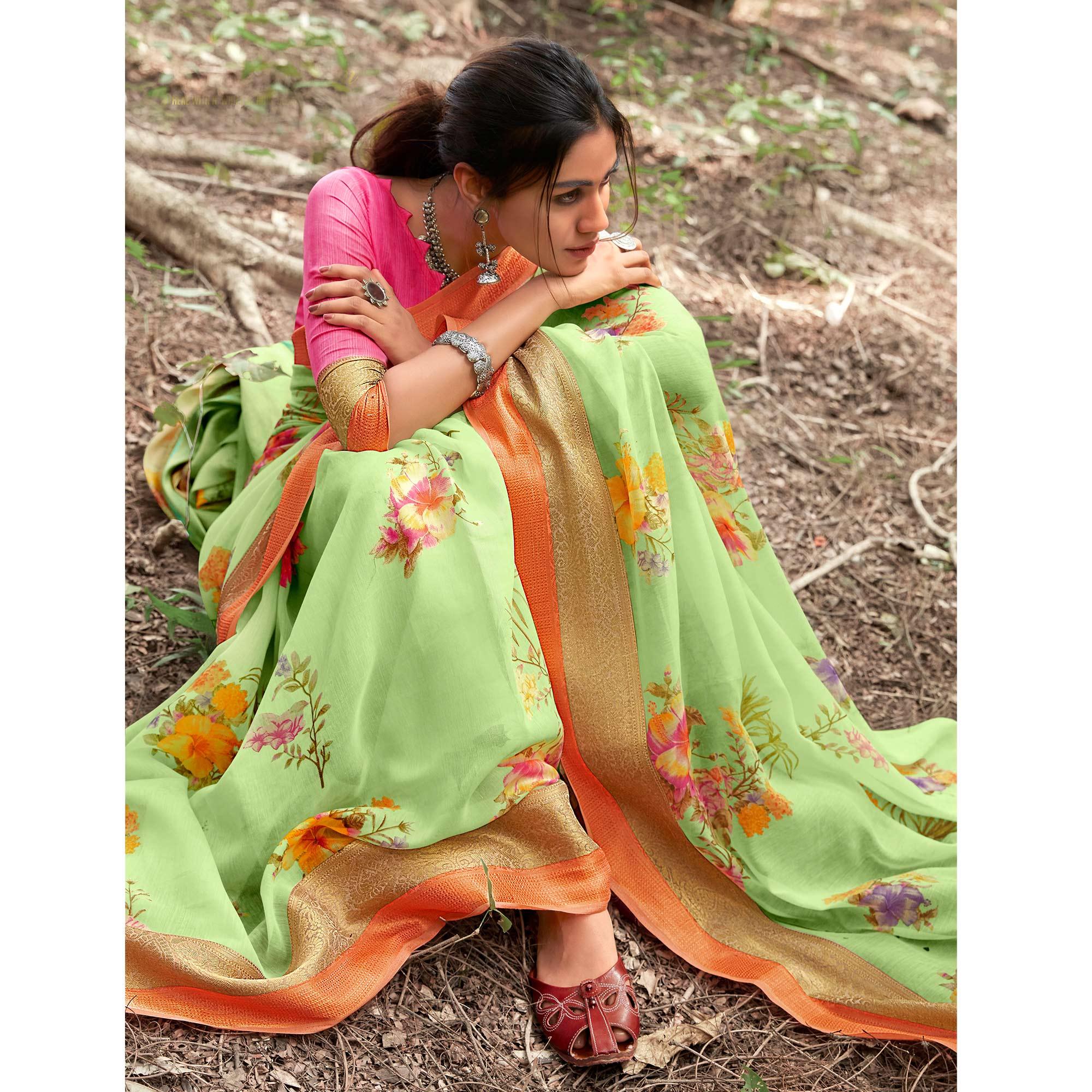 Peachmode Intricate Pista Green Colored Partywear Floral Printed Linen Silk Saree - view 3