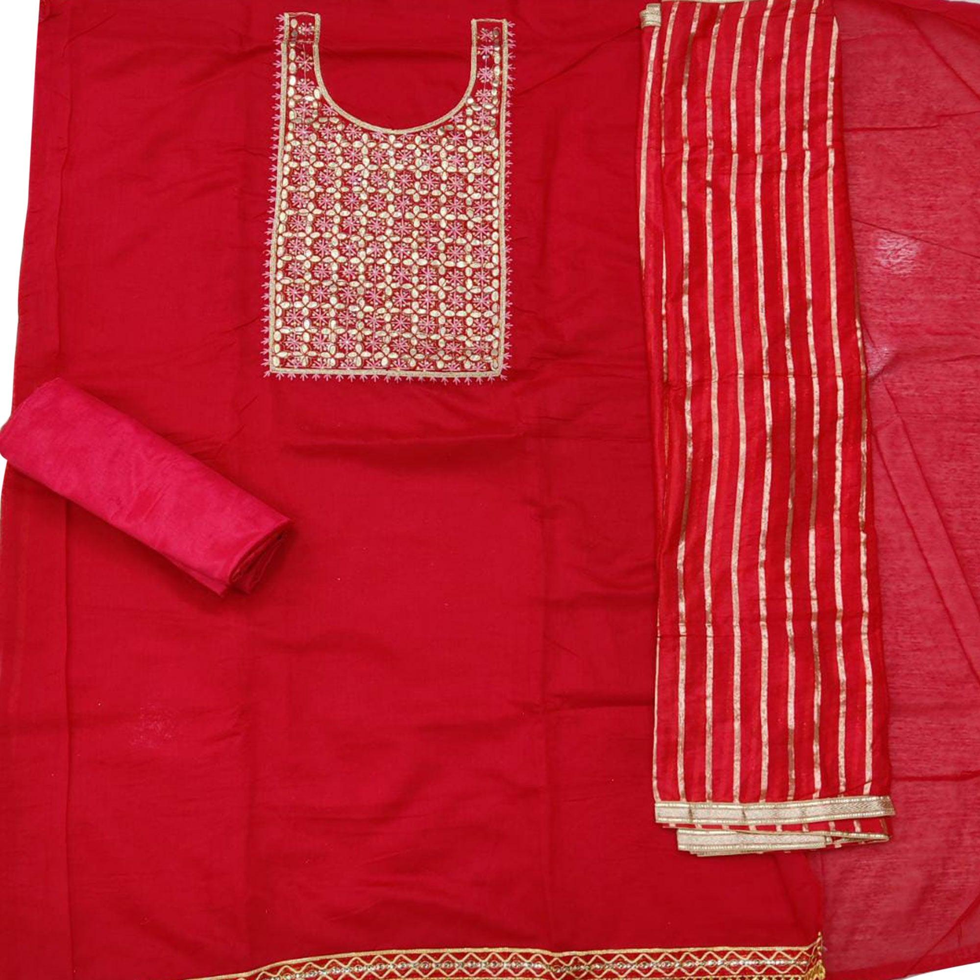 Peachmode Classy Red Colored Festive Wear Embroidered Heavy Modal Silk Dress Material - view 3