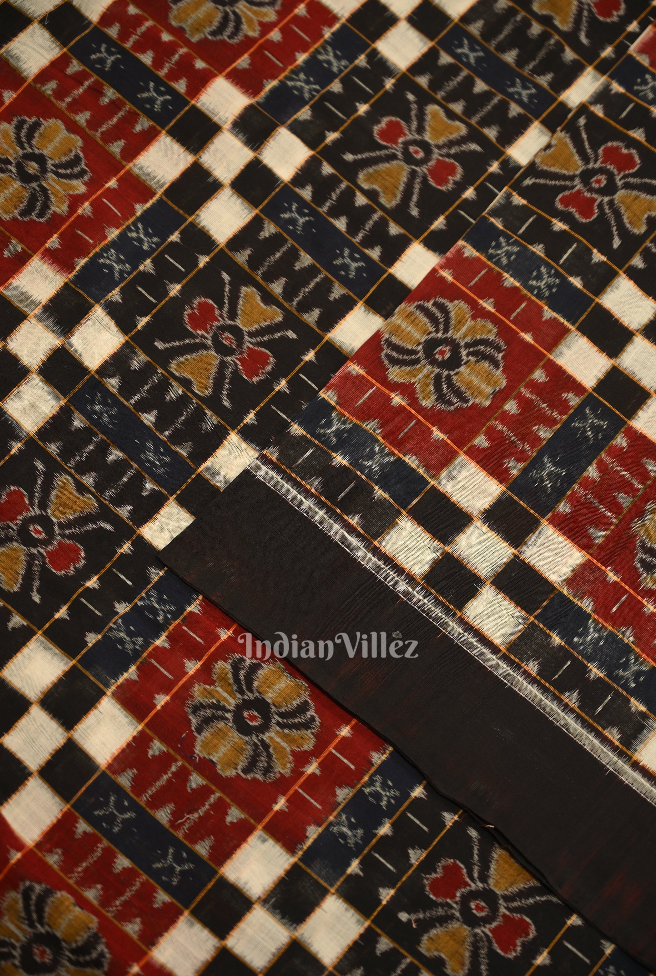 IndianVillèz Black Pasapali Sambalpuri Ikat Cotton Fabric - view 2