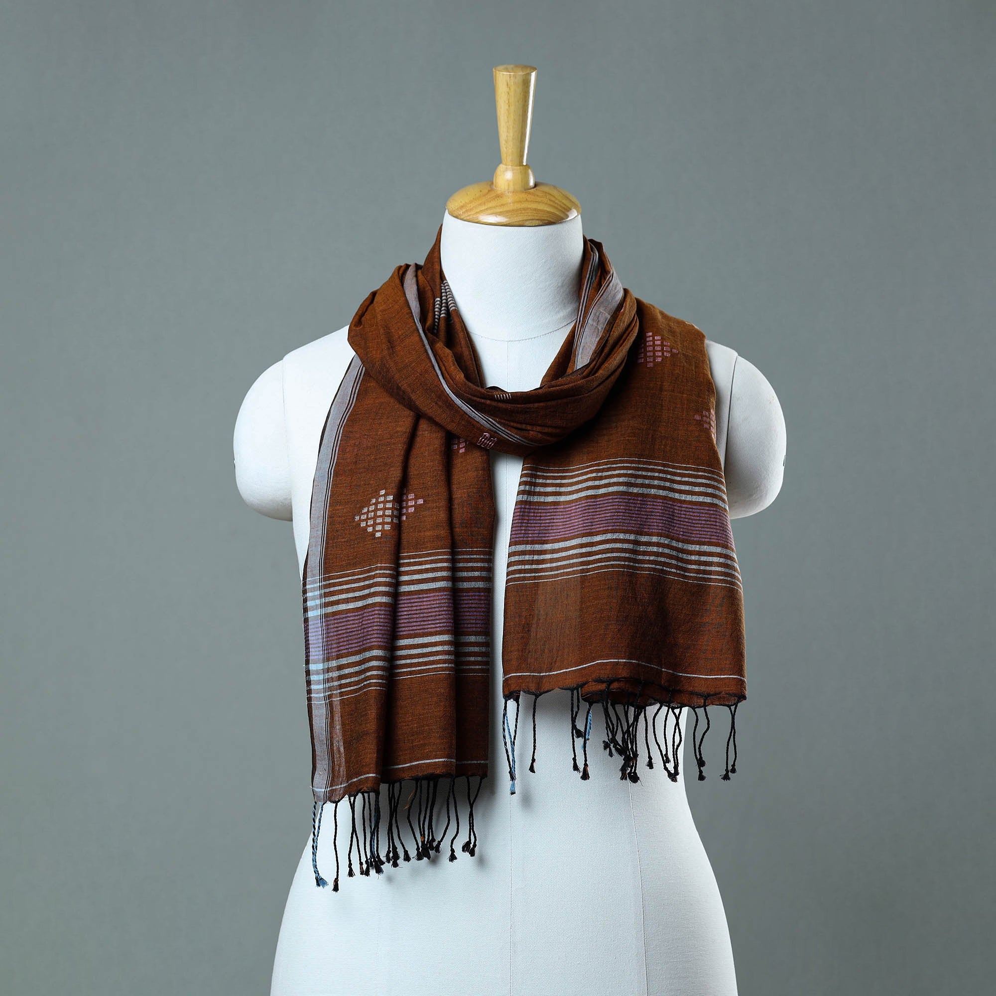 KHUSHBASH - HAPPY LOOM OF EAST Brown - Burdwan Jamdani Cotton Handloom Stole with Tassels 47
