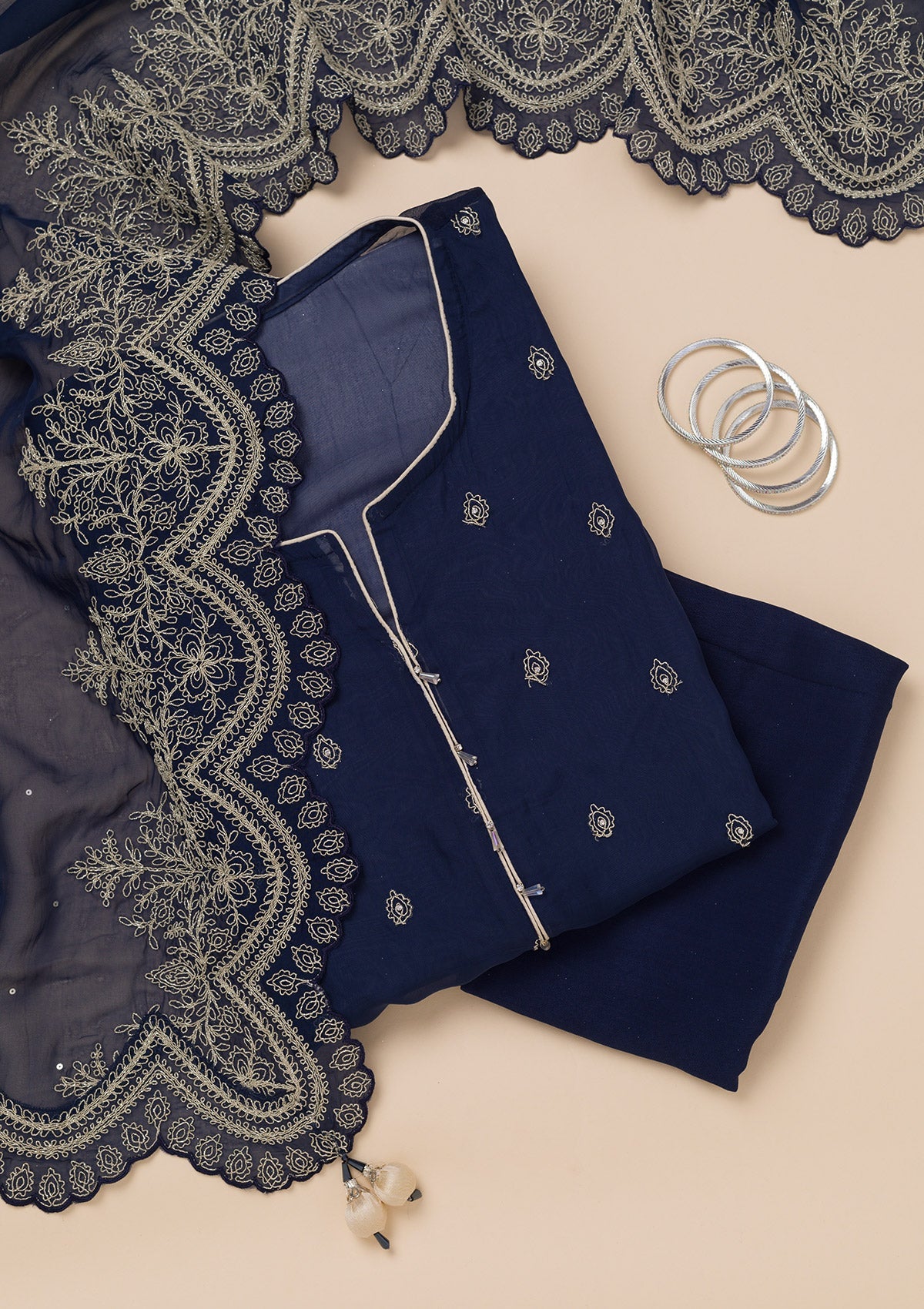 Koskii Blue Zariwork Semi Crepe Unstitched Salwar Suit