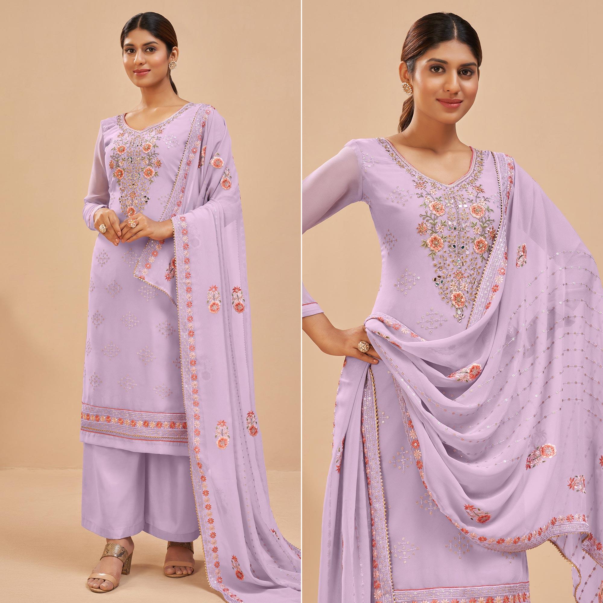 Peachmode Lavender Party Wear Embroidered Georgette Suit