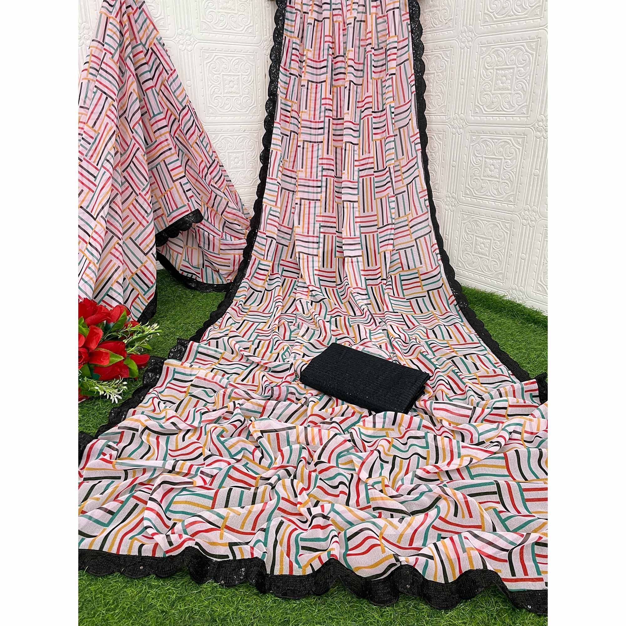 Peachmode White Printed Georgette Saree With Sequins Border - view 3