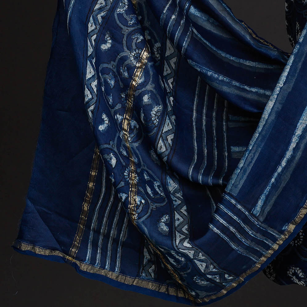 HAVELI CHRONICLES Blue - 3pc Akola Block Printed Chanderi Silk Suit Material Set - view 4
