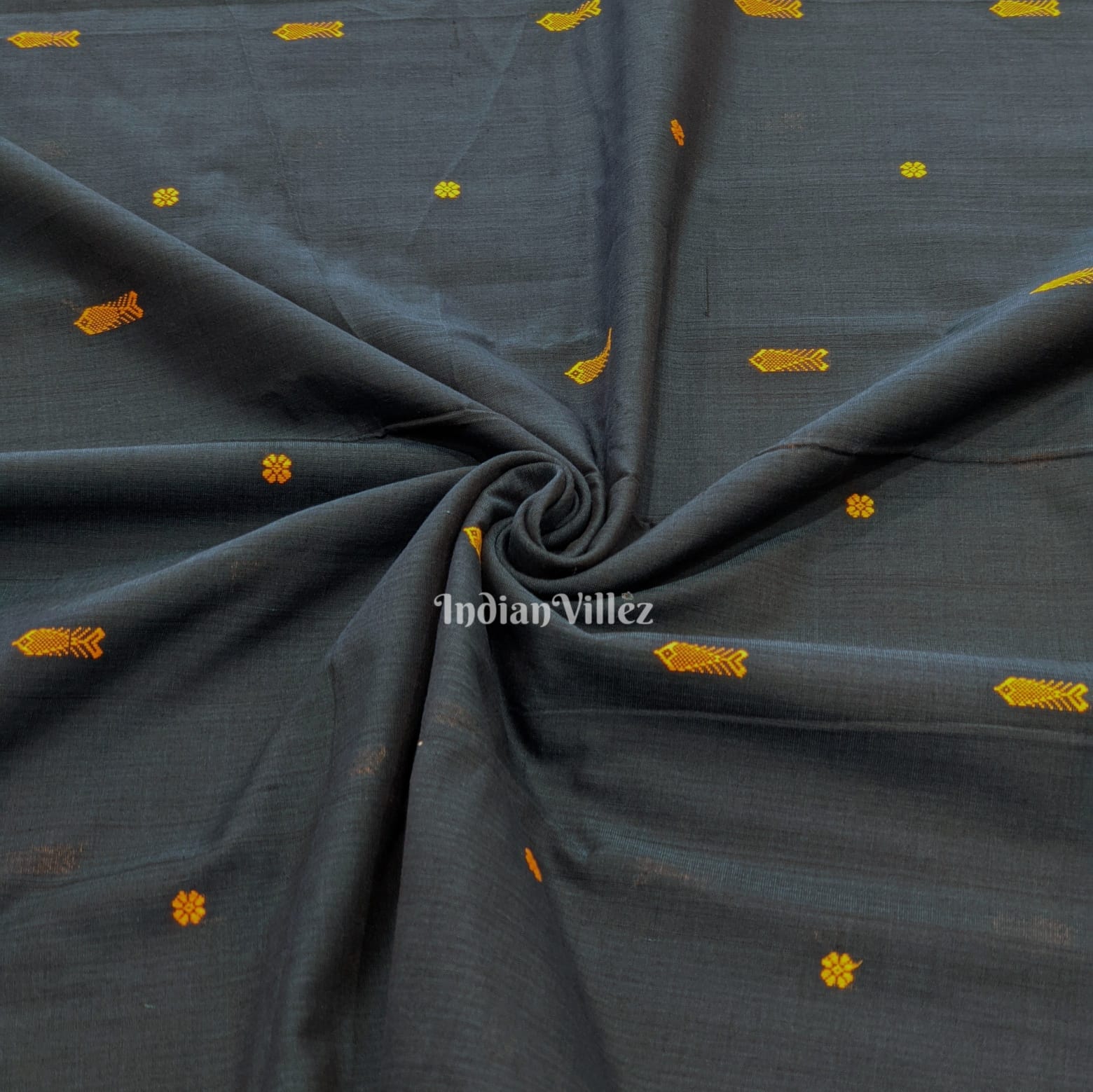 IndianVillèz Lindworm Green Fish & Flower Motif Bomkai Cotton Fabric