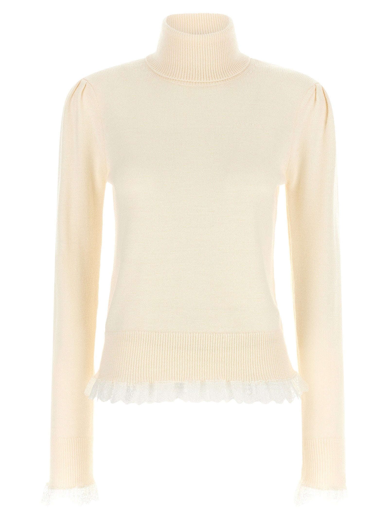 Ganni Turtleneck Sweater With Lace Trim – 100% merino wool