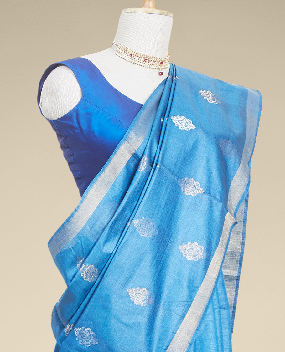 Pothys Blue floral buttas tusser silk saree with self zari border