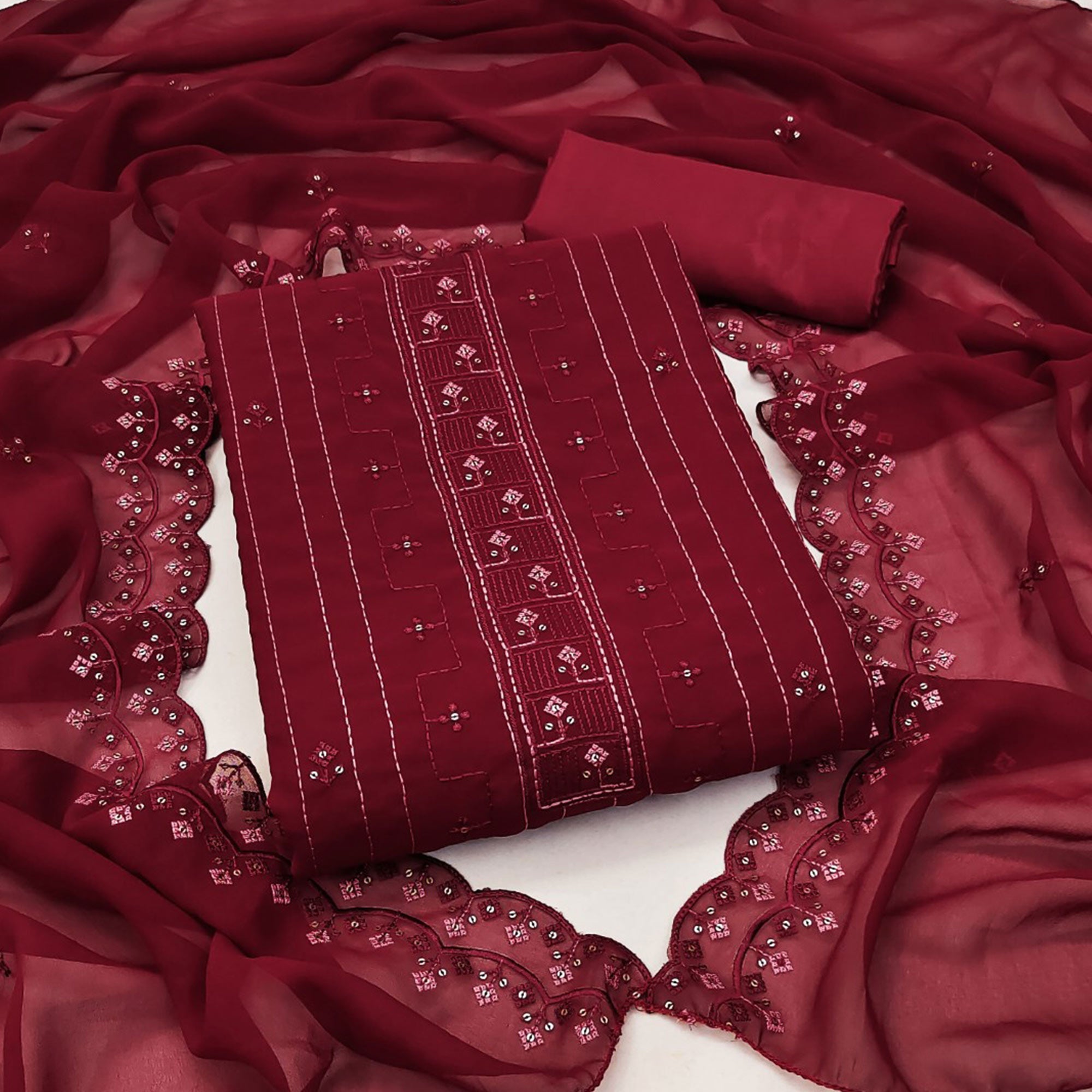 Peachmode Maroon Sequins Embroidered Georgette Dress Material