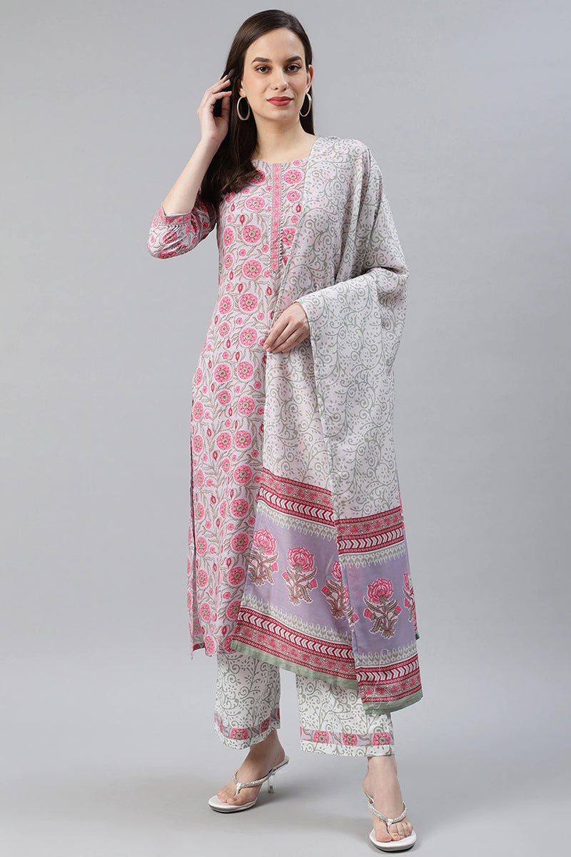Ahika Grey Polyester Ethnic Motifs Straight Suit Set PKSKD1020