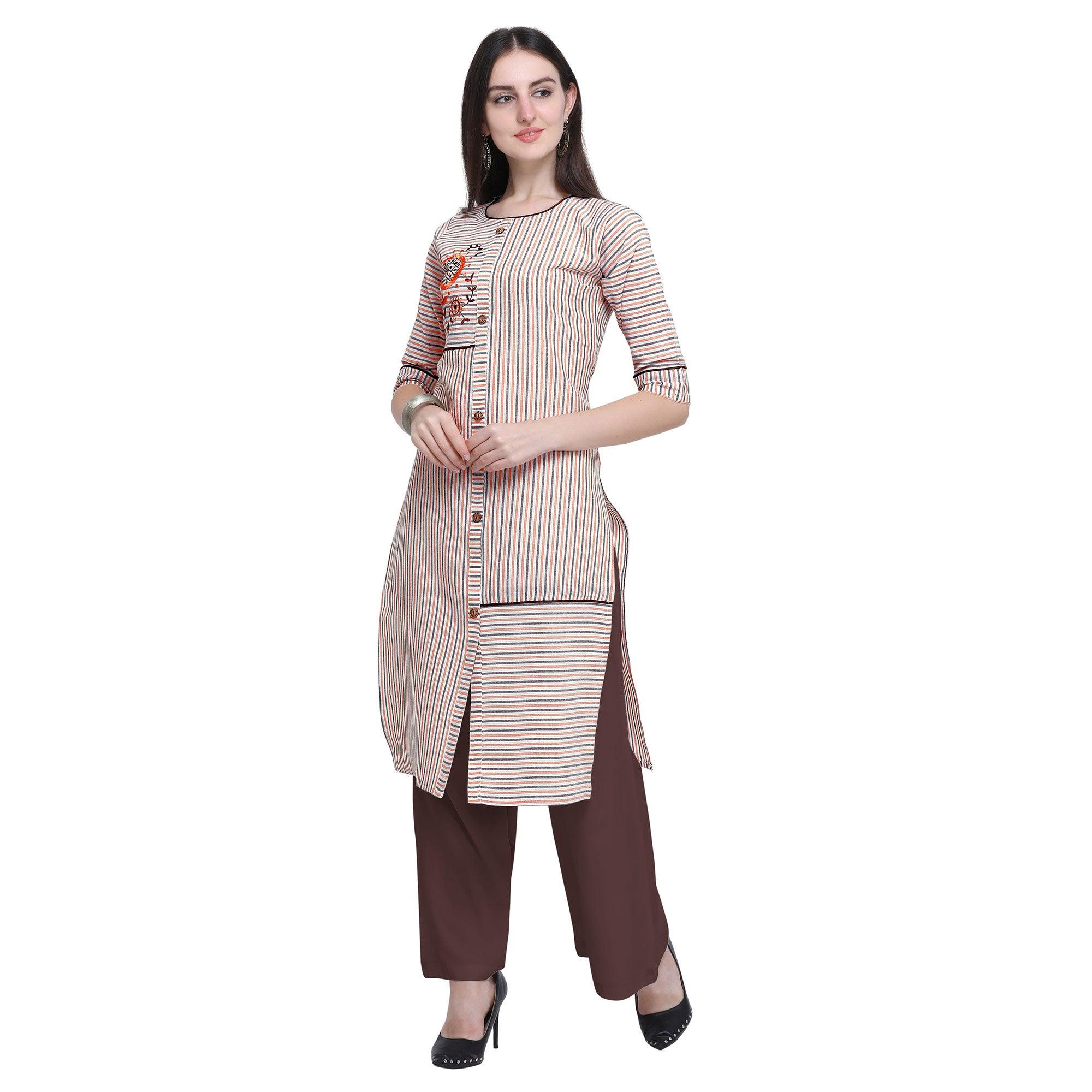 Peachmode Seller Desirable Off White Colored Casual Wear Embroidered Cotton Kurti-Palazzo Set - view 4
